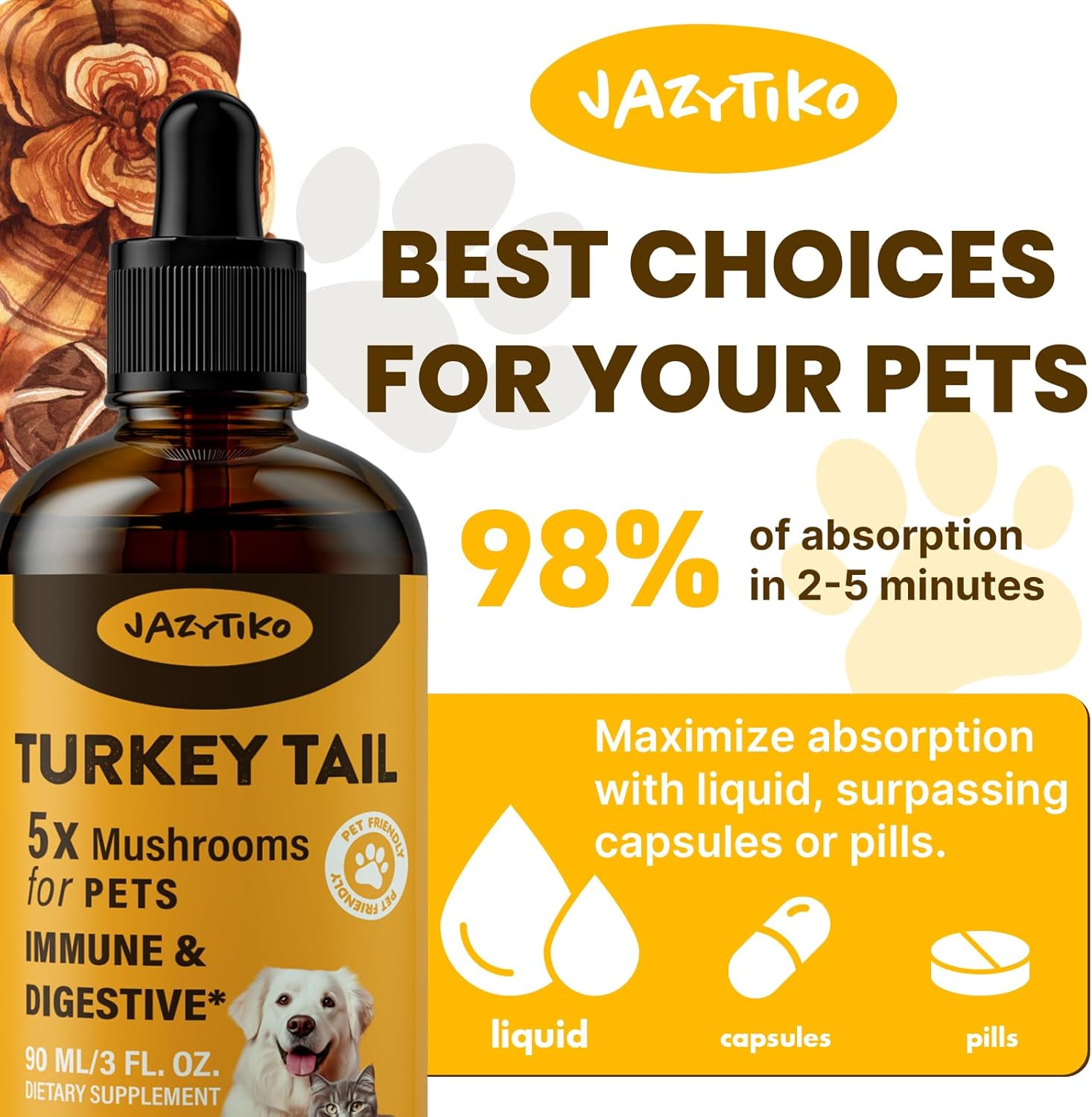 Jazytiko Turkey Tail Mushroom Drops for Dogs - 2000mg Immune & Digestive Support with Turmeric & Probiotic - Vet Formulated, 90 ML/3FL.oz