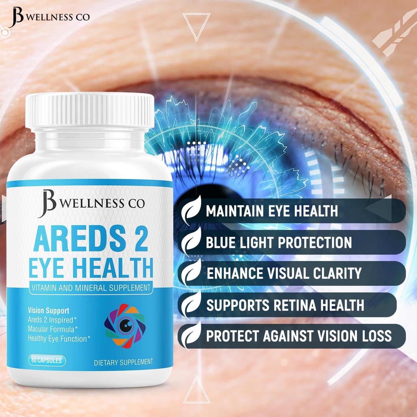 JB Wellness Co AREDS 2 Eye Vitamin & Mineral Supplement with Lutein, Vitamin C, Zeaxanthin, Zinc - 60 Count