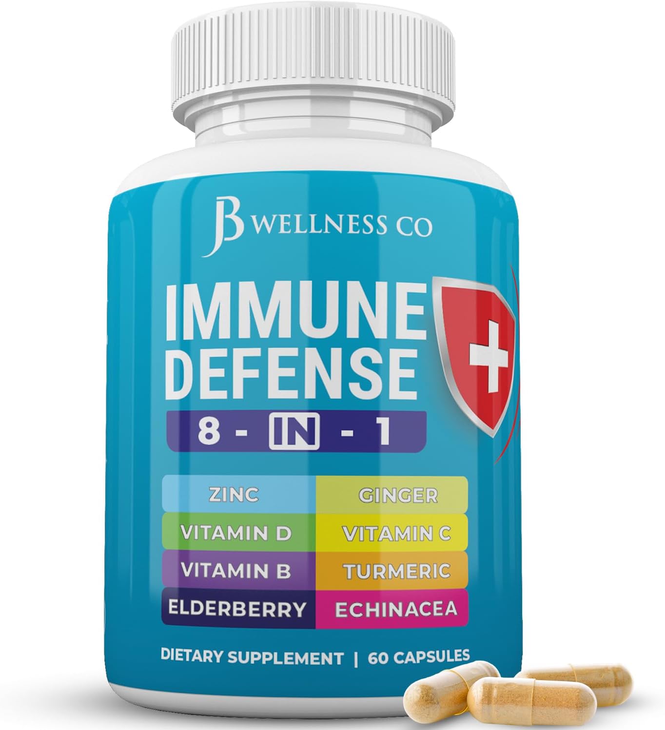 JB WELLNESS CO Immune Support Capsules - 8-in-1 Immune Booster with Zinc, Vitamin D3, Vitamin C, Elderberry, Echinacea, Ginger Root, and Turmeric