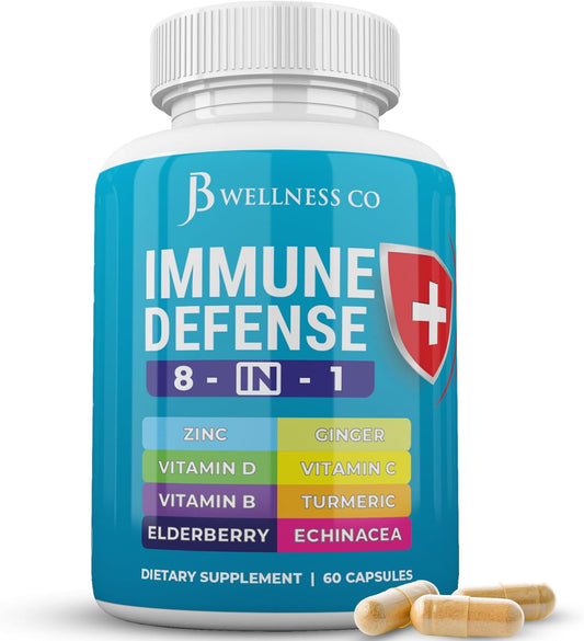 JB WELLNESS CO Immune Support Capsules - 8-in-1 Immune Booster with Zinc, Vitamin D3, Vitamin C, Elderberry, Echinacea, Ginger Root, and Turmeric