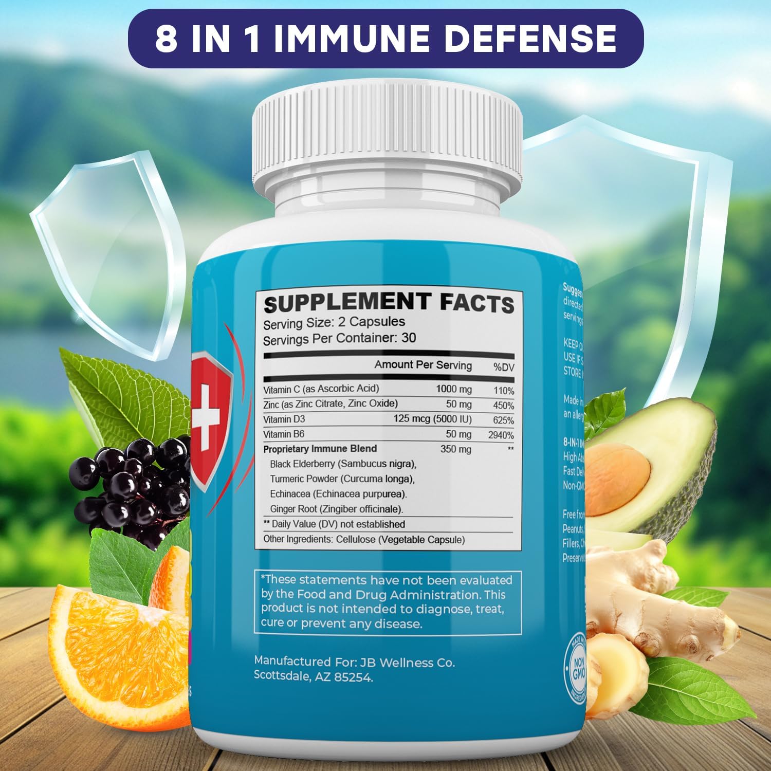 JB WELLNESS CO Immune Support Capsules - 8-in-1 Immune Booster with Zinc, Vitamin D3, Vitamin C, Elderberry, Echinacea, Ginger Root, and Turmeric