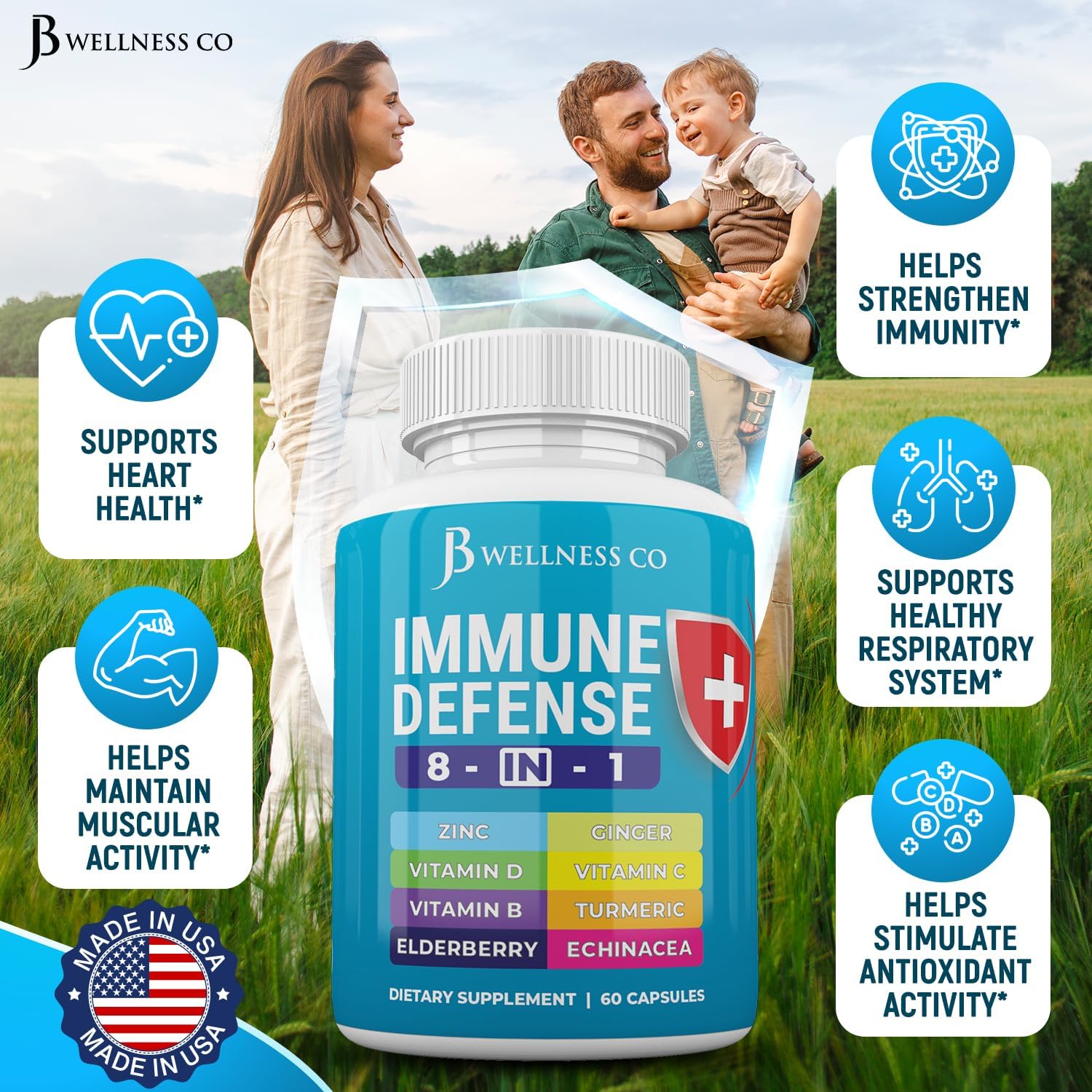 JB WELLNESS CO Immune Support Capsules - 8-in-1 Immune Booster with Zinc, Vitamin D3, Vitamin C, Elderberry, Echinacea, Ginger Root, and Turmeric