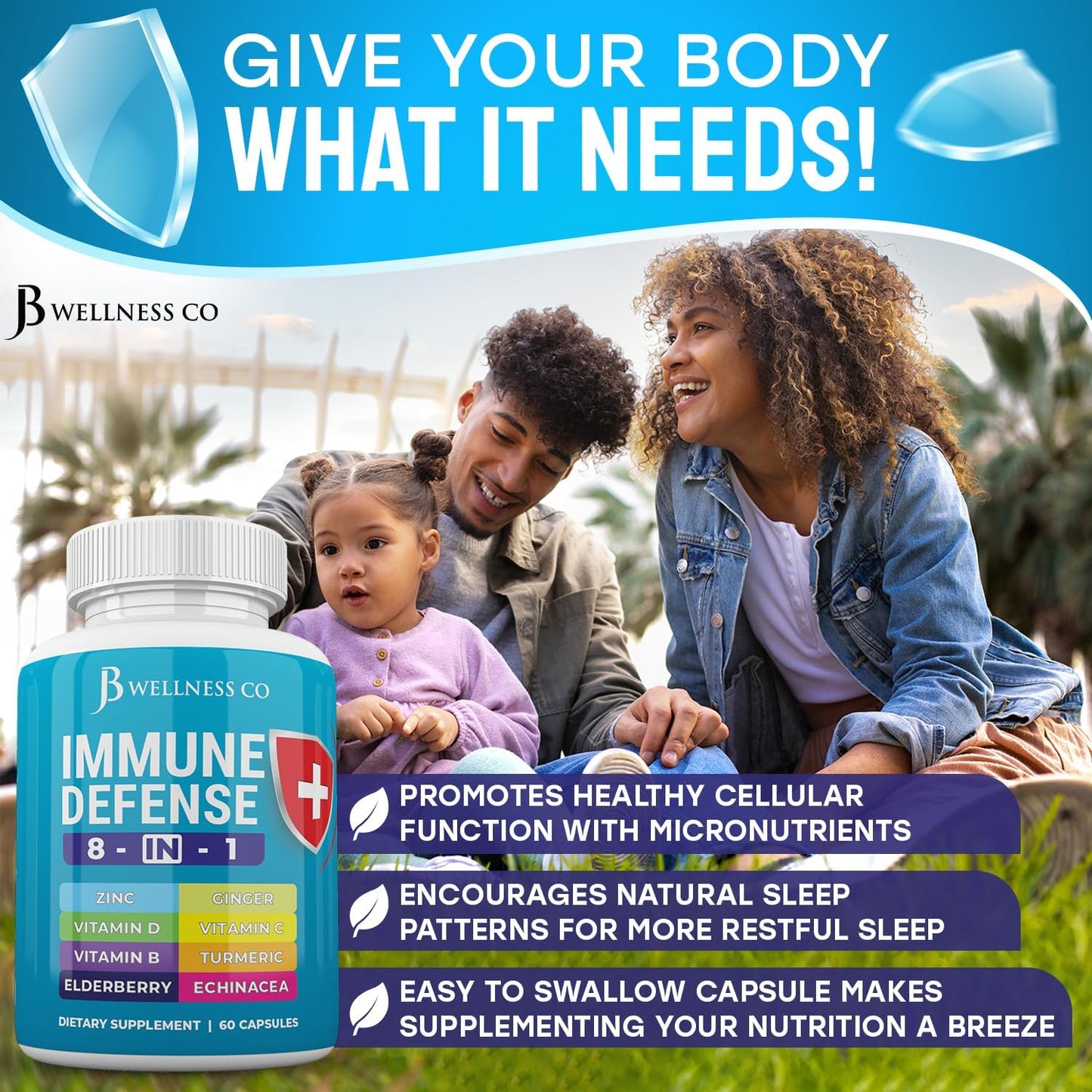 JB WELLNESS CO Immune Support Capsules - 8-in-1 Immune Booster with Zinc, Vitamin D3, Vitamin C, Elderberry, Echinacea, Ginger Root, and Turmeric