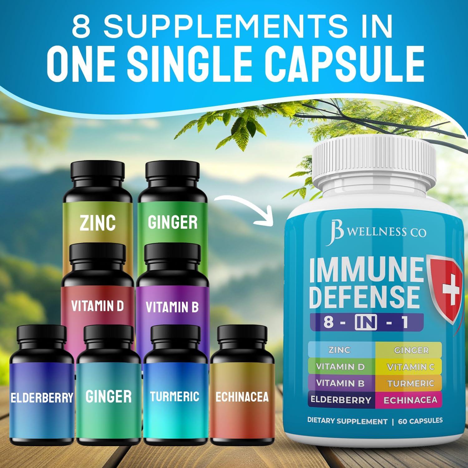 JB WELLNESS CO Immune Support Capsules - 8-in-1 Immune Booster with Zinc, Vitamin D3, Vitamin C, Elderberry, Echinacea, Ginger Root, and Turmeric