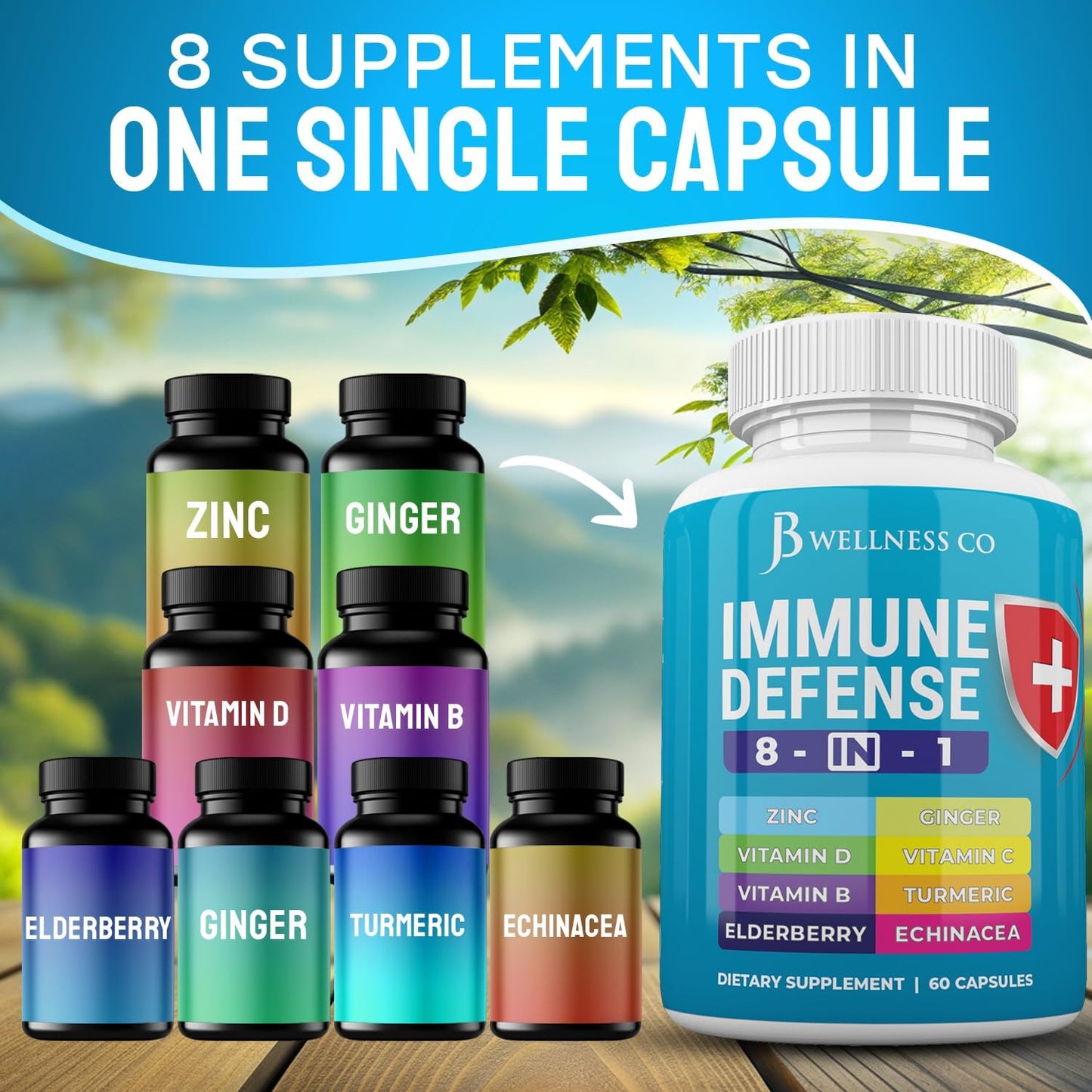 JB WELLNESS CO Immune Support Capsules - 8-in-1 Immune Booster with Zinc, Vitamin D3, Vitamin C, Elderberry, Echinacea, Ginger Root, and Turmeric