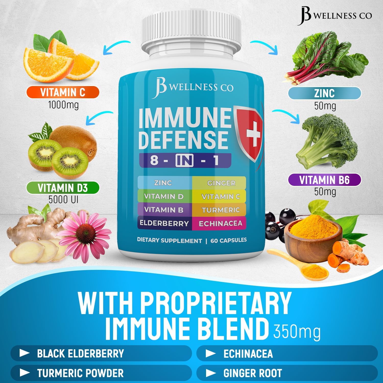 JB WELLNESS CO Immune Support Capsules - 8-in-1 Immune Booster with Zinc, Vitamin D3, Vitamin C, Elderberry, Echinacea, Ginger Root, and Turmeric