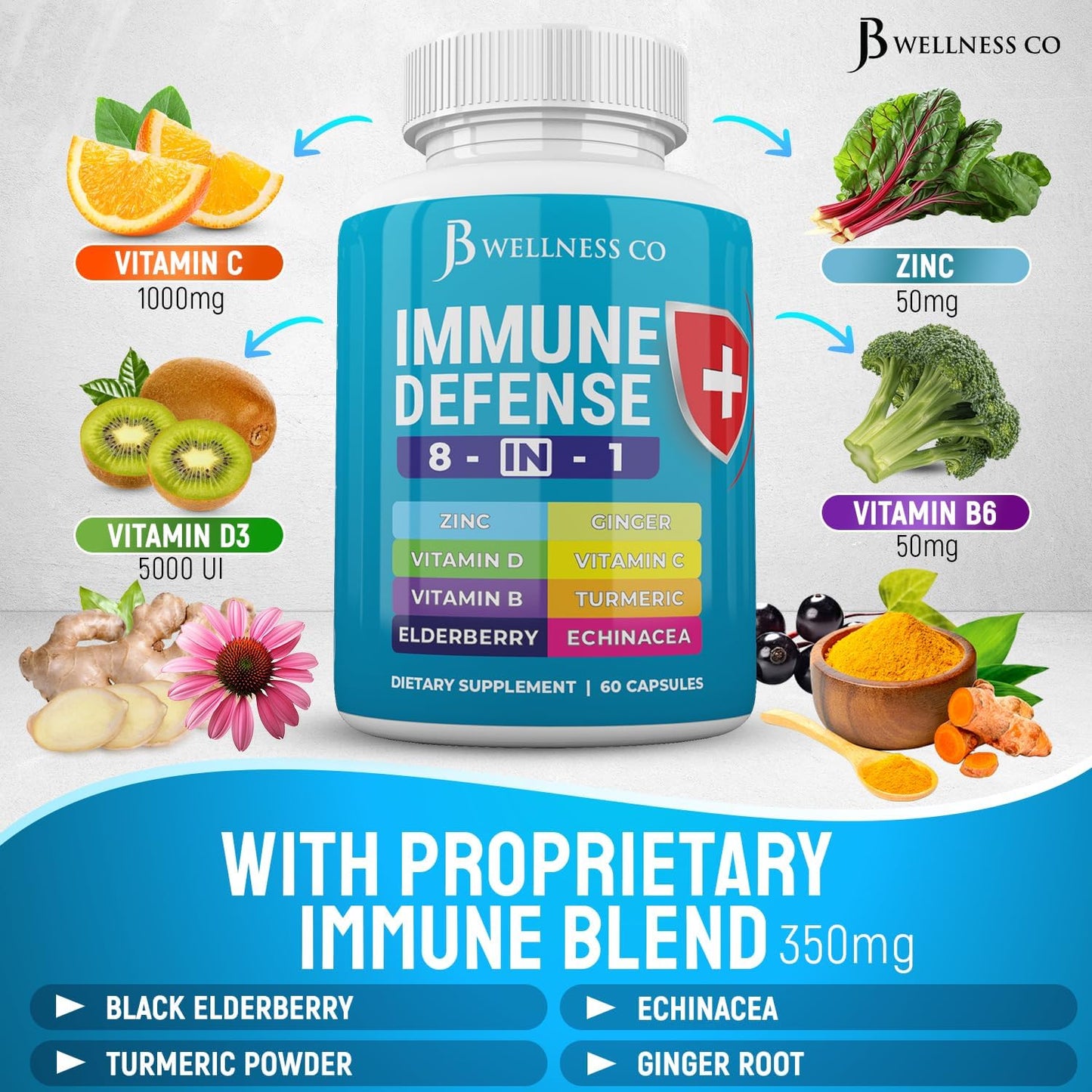JB WELLNESS CO Immune Support Capsules - 8-in-1 Immune Booster with Zinc, Vitamin D3, Vitamin C, Elderberry, Echinacea, Ginger Root, and Turmeric