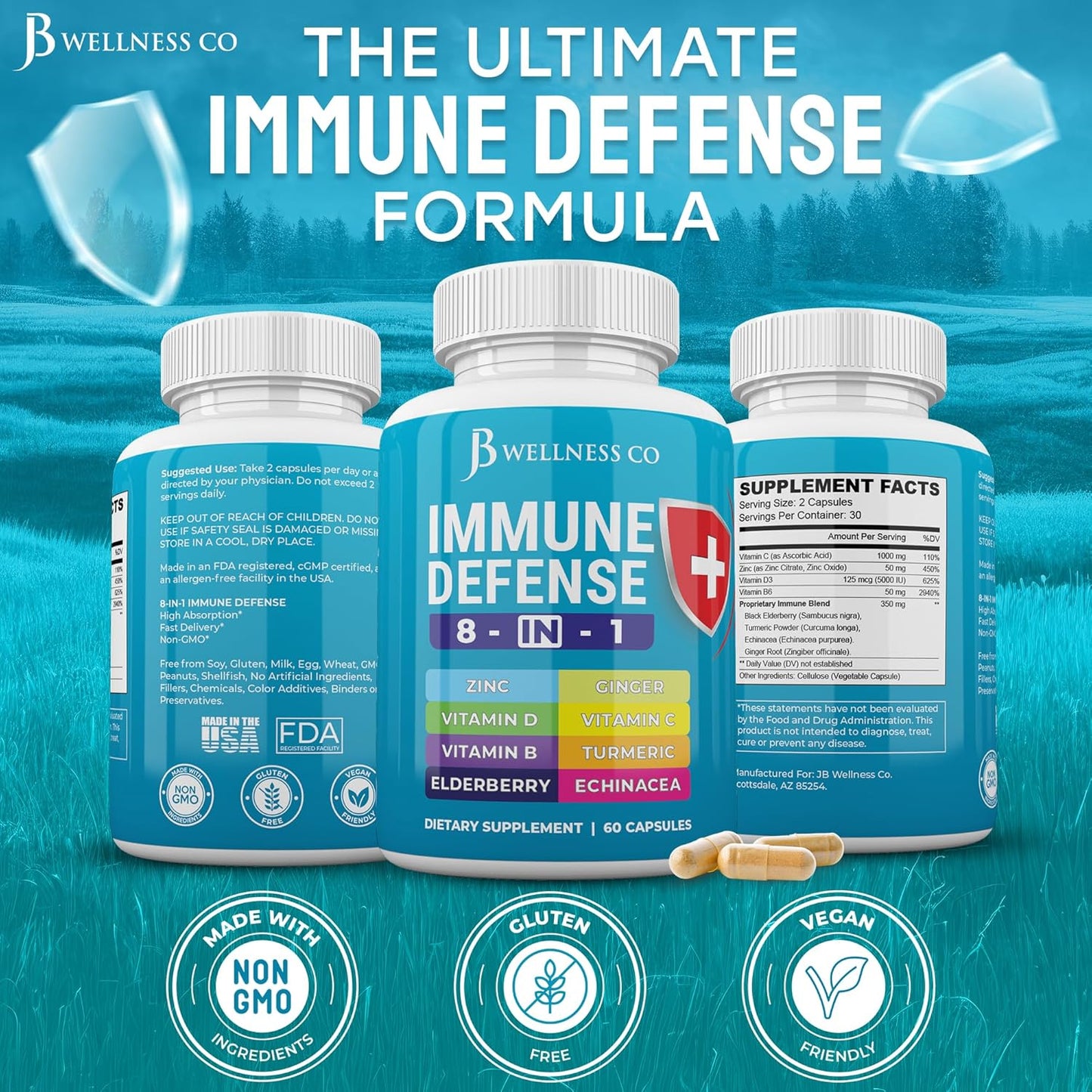 JB WELLNESS CO Immune Support Capsules - 8-in-1 Immune Booster with Zinc, Vitamin D3, Vitamin C, Elderberry, Echinacea, Ginger Root, and Turmeric