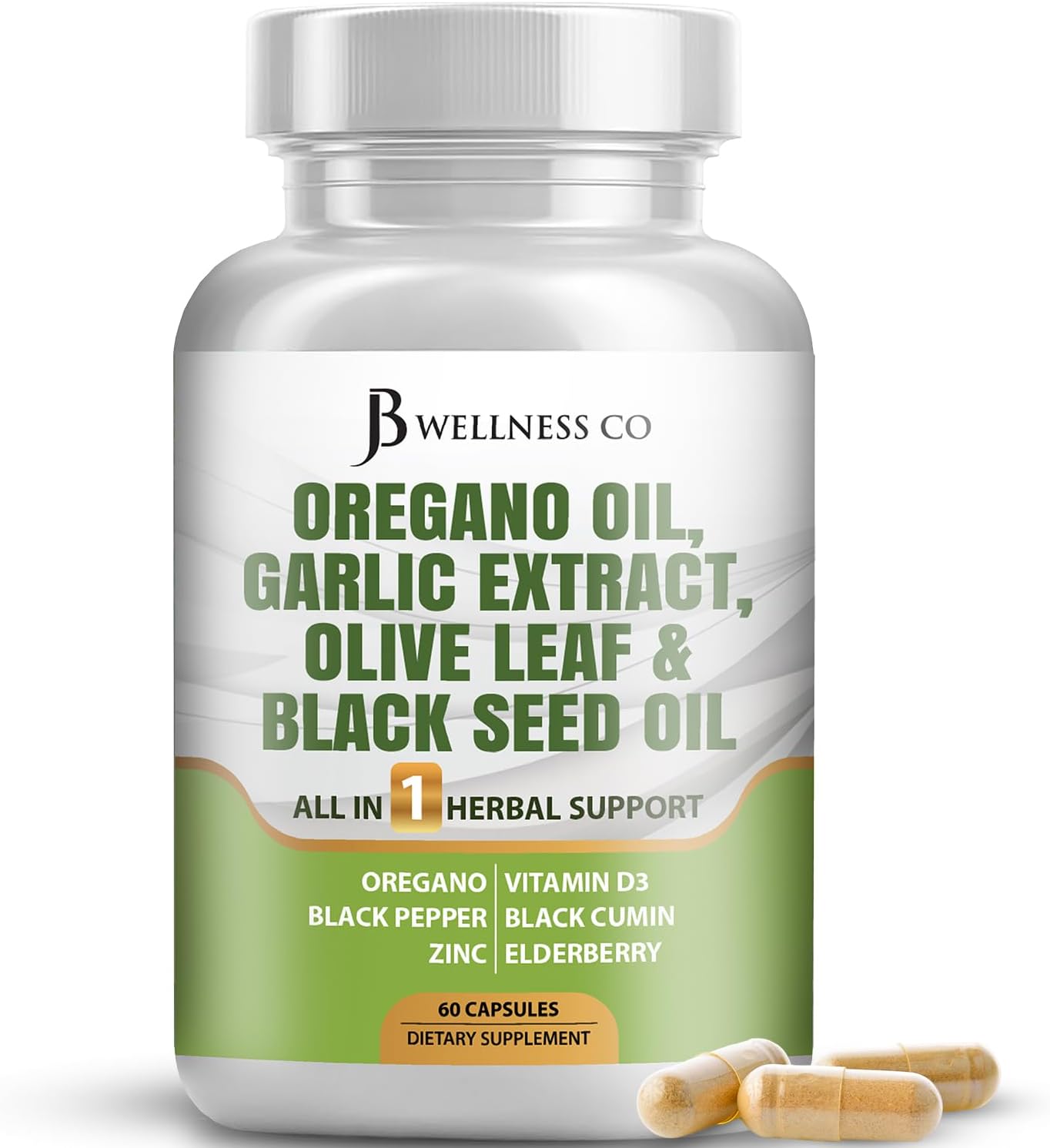 JB Wellness Co Immune Support & Digestive Health Supplement - Oregano Oil, Garlic Extract, Olive Leaf, Astragalus - 60 Count for Men and Women