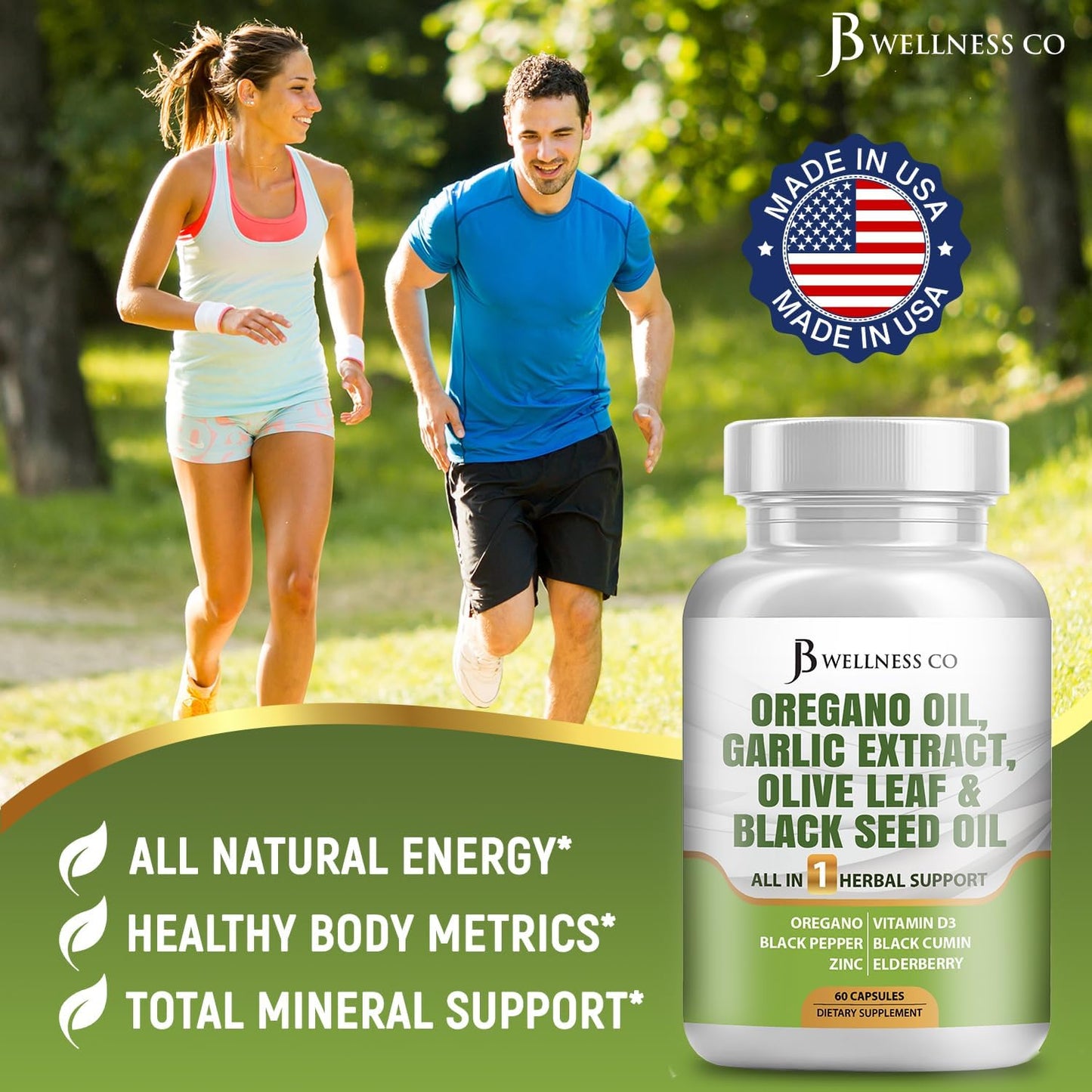 JB Wellness Co Immune Support & Digestive Health Supplement - Oregano Oil, Garlic Extract, Olive Leaf, Astragalus - 60 Count for Men and Women