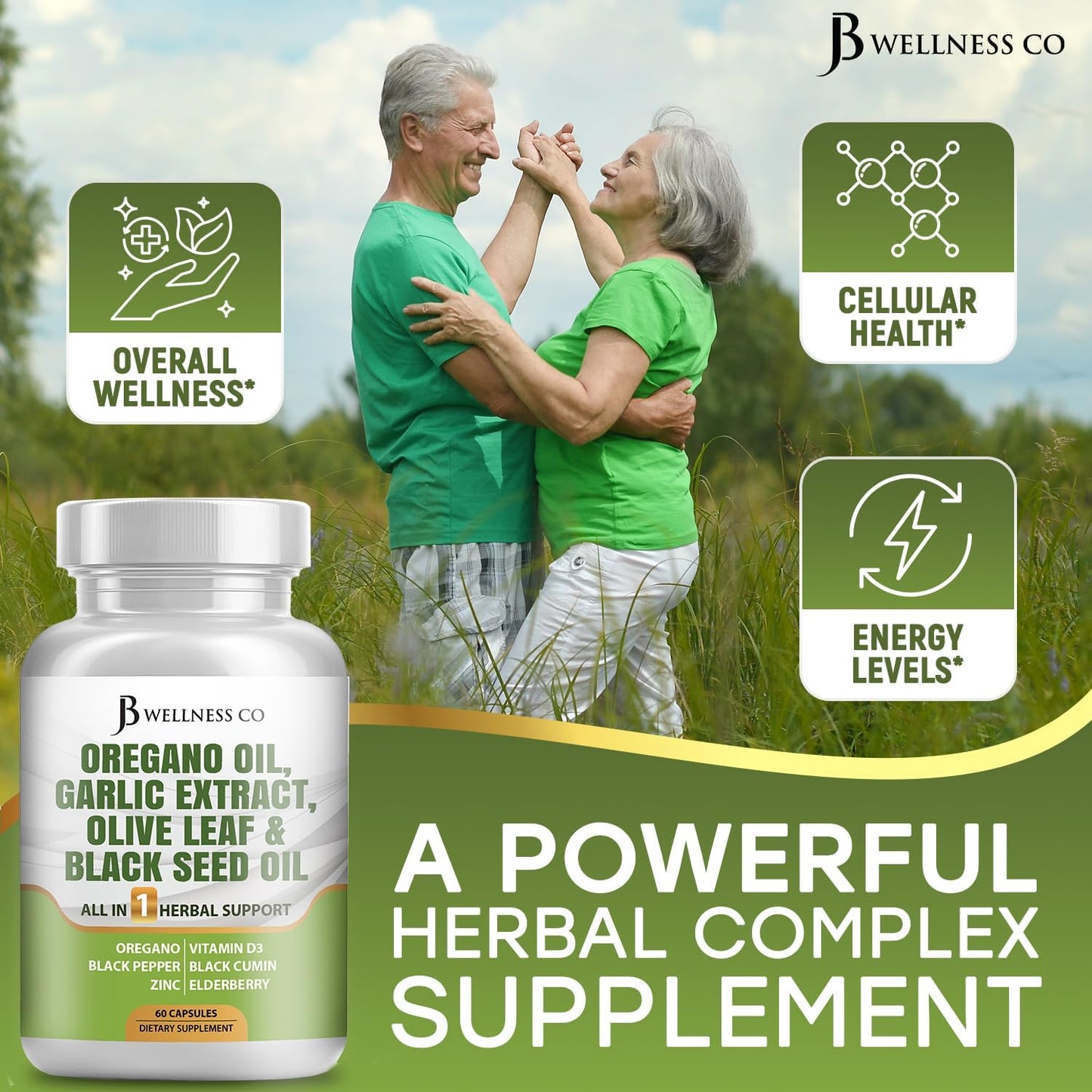 JB Wellness Co Immune Support & Digestive Health Supplement - Oregano Oil, Garlic Extract, Olive Leaf, Astragalus - 60 Count for Men and Women