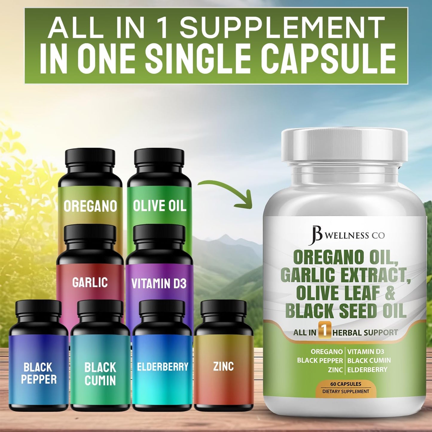 JB Wellness Co Immune Support & Digestive Health Supplement - Oregano Oil, Garlic Extract, Olive Leaf, Astragalus - 60 Count for Men and Women