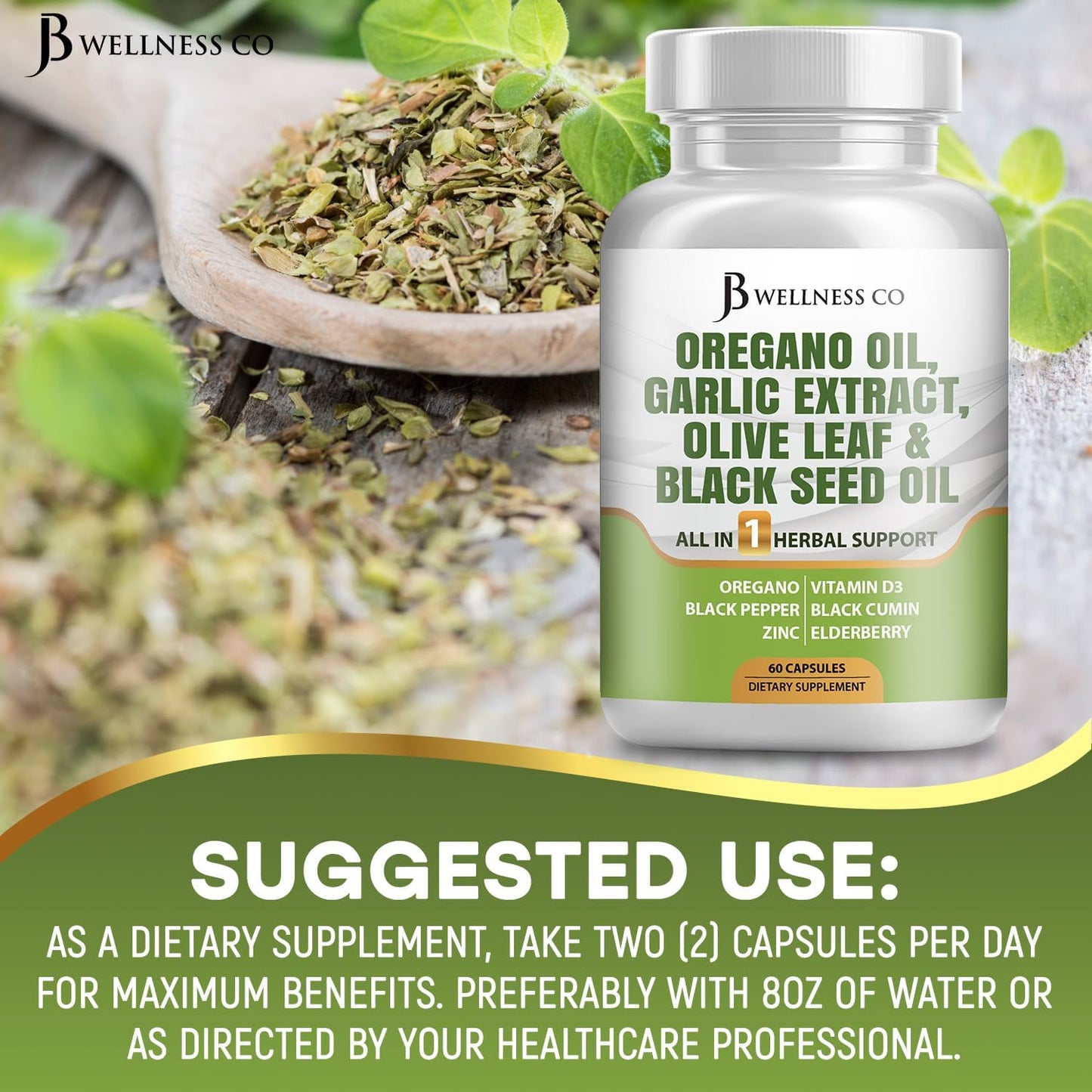 JB Wellness Co Immune Support & Digestive Health Supplement - Oregano Oil, Garlic Extract, Olive Leaf, Astragalus - 60 Count for Men and Women