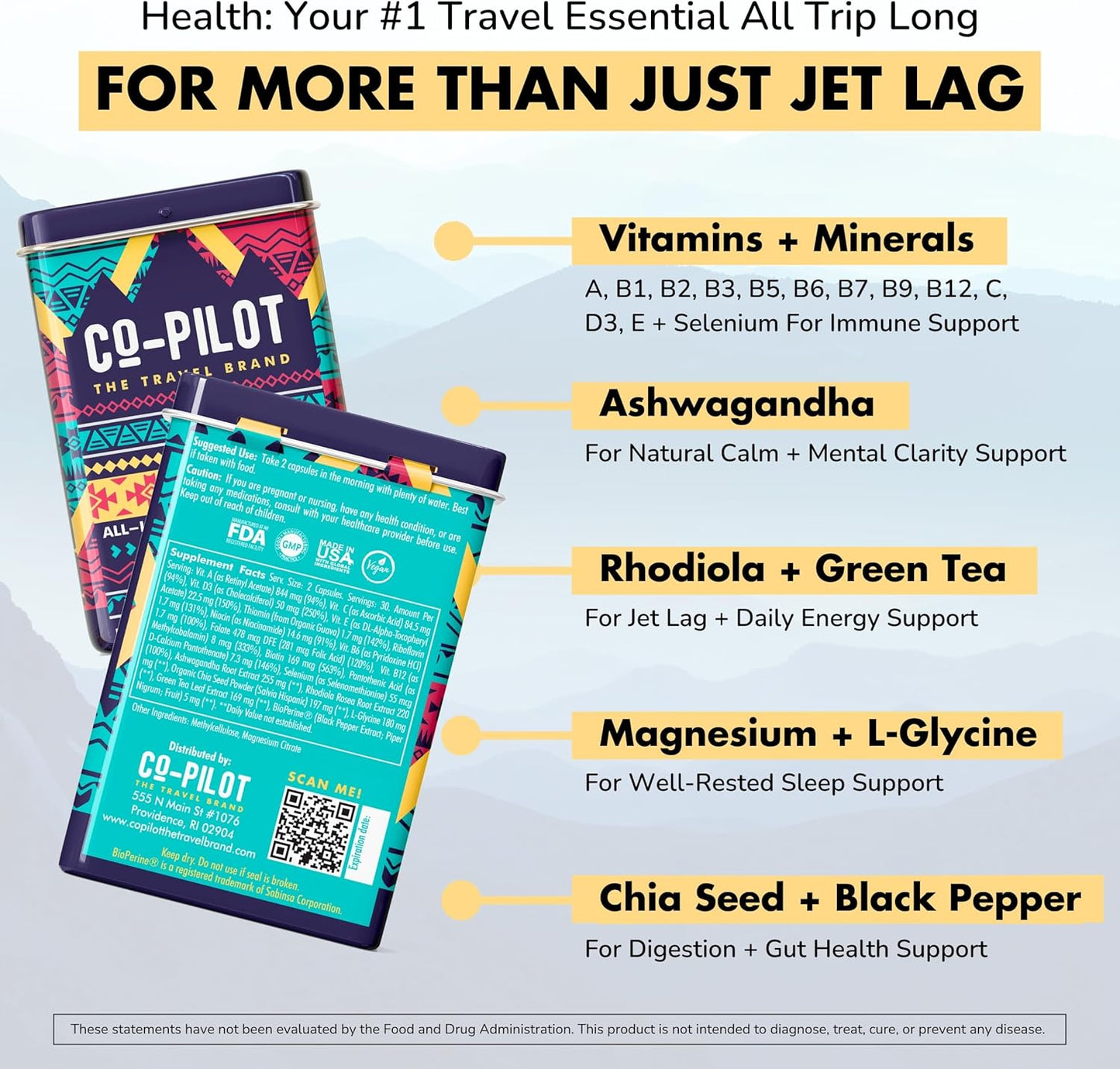 Jet Lag Prevention + Immunity Support Travel Supplement with Chia, Ashwagandha, Rhodiola, D3+ (60 Count)