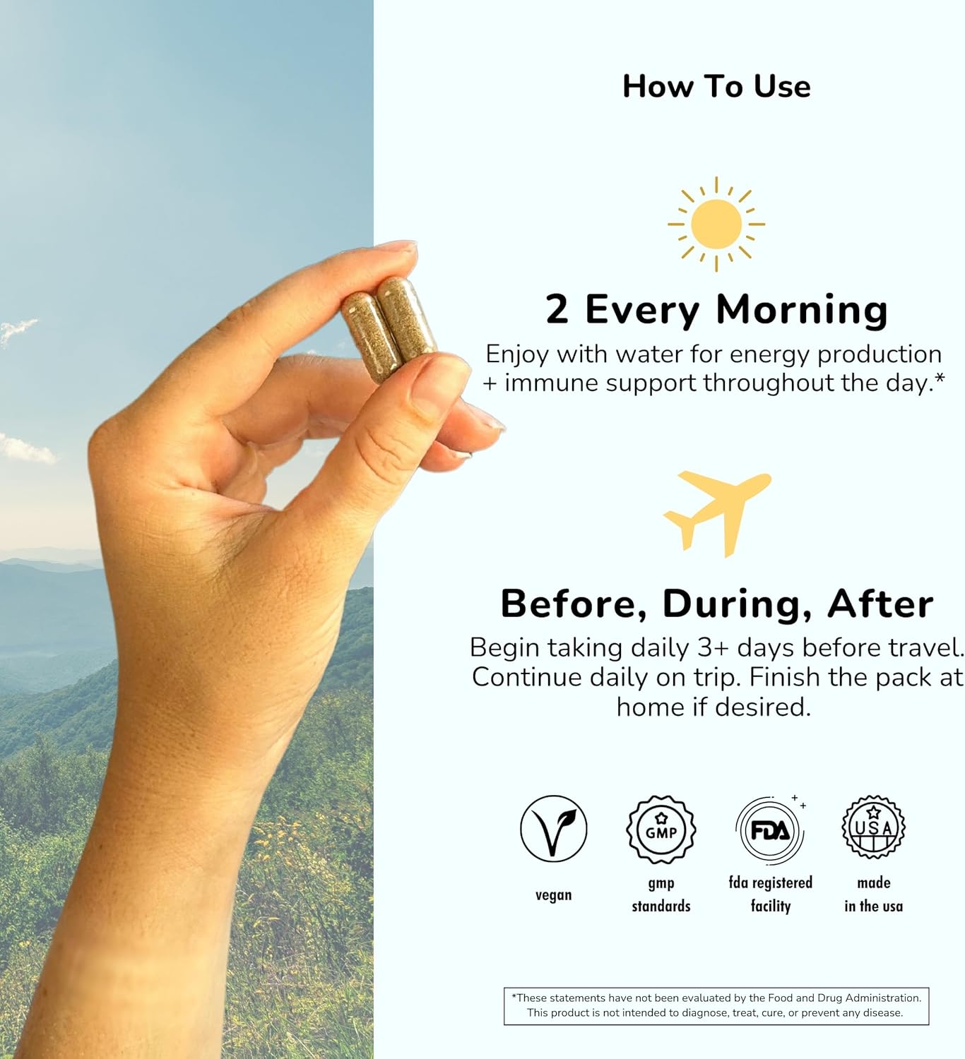 Jet Lag Prevention + Immunity Support Travel Supplement with Chia, Ashwagandha, Rhodiola, D3+ (60 Count)