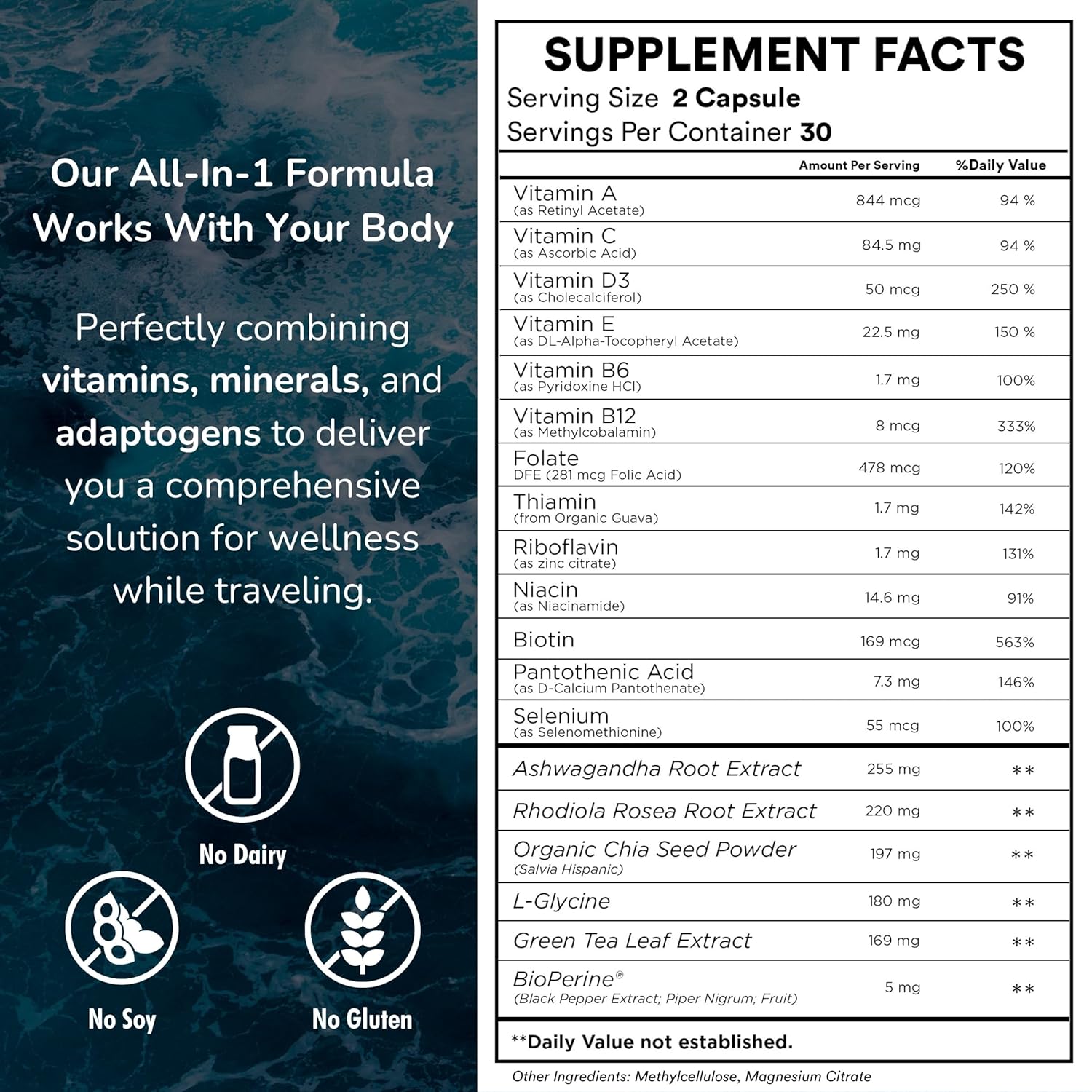 Jet Lag Prevention + Immunity Support Travel Supplement with Chia, Ashwagandha, Rhodiola, D3+ (60 Count)