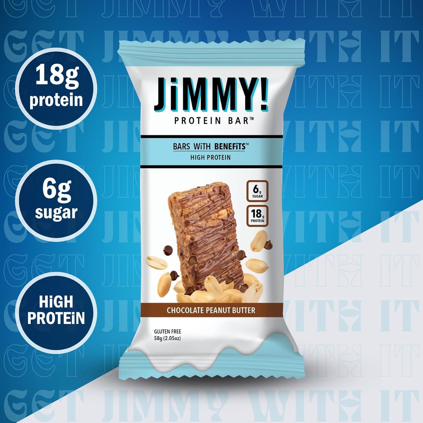 JIMMYBAR JiMMY'S! Chocolate Peanut Butter Protein Bars - 12 Count, 18g Protein, Low Sugar, Gluten Free