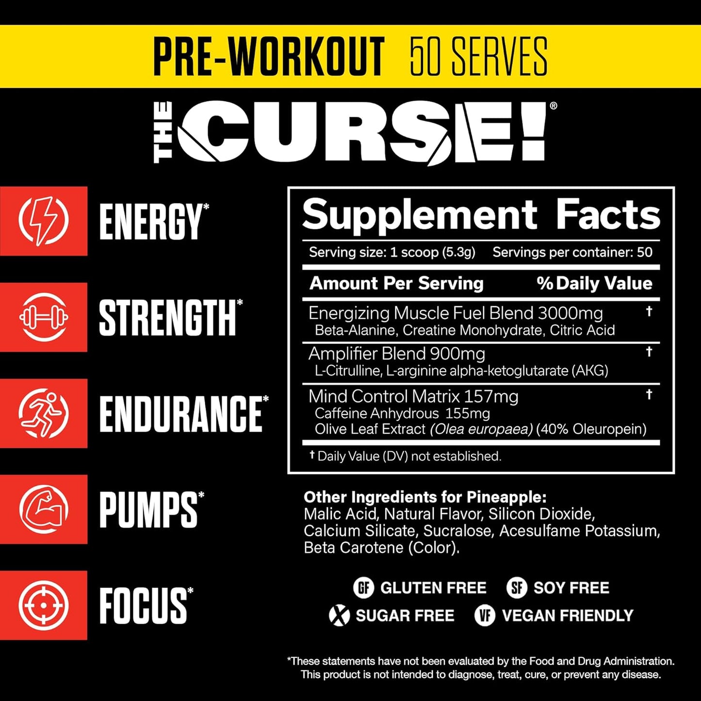 JNX SPORTS The Curse! Pineapple Pre Workout Powder - 50 Servings for Enhanced Strength and Energy with Caffeine, Beta-Alanine, Creatine, L-Citrulline - Men and Women