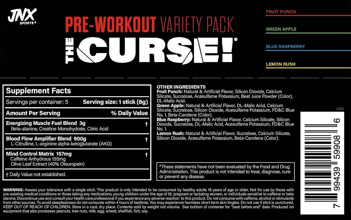 JNX SPORTS The Curse Pre Workout Supplement Sample Pack - Energize, Focus, Build Strength, Boost Blood Flow with Creatine & Caffeine - 5 Samples