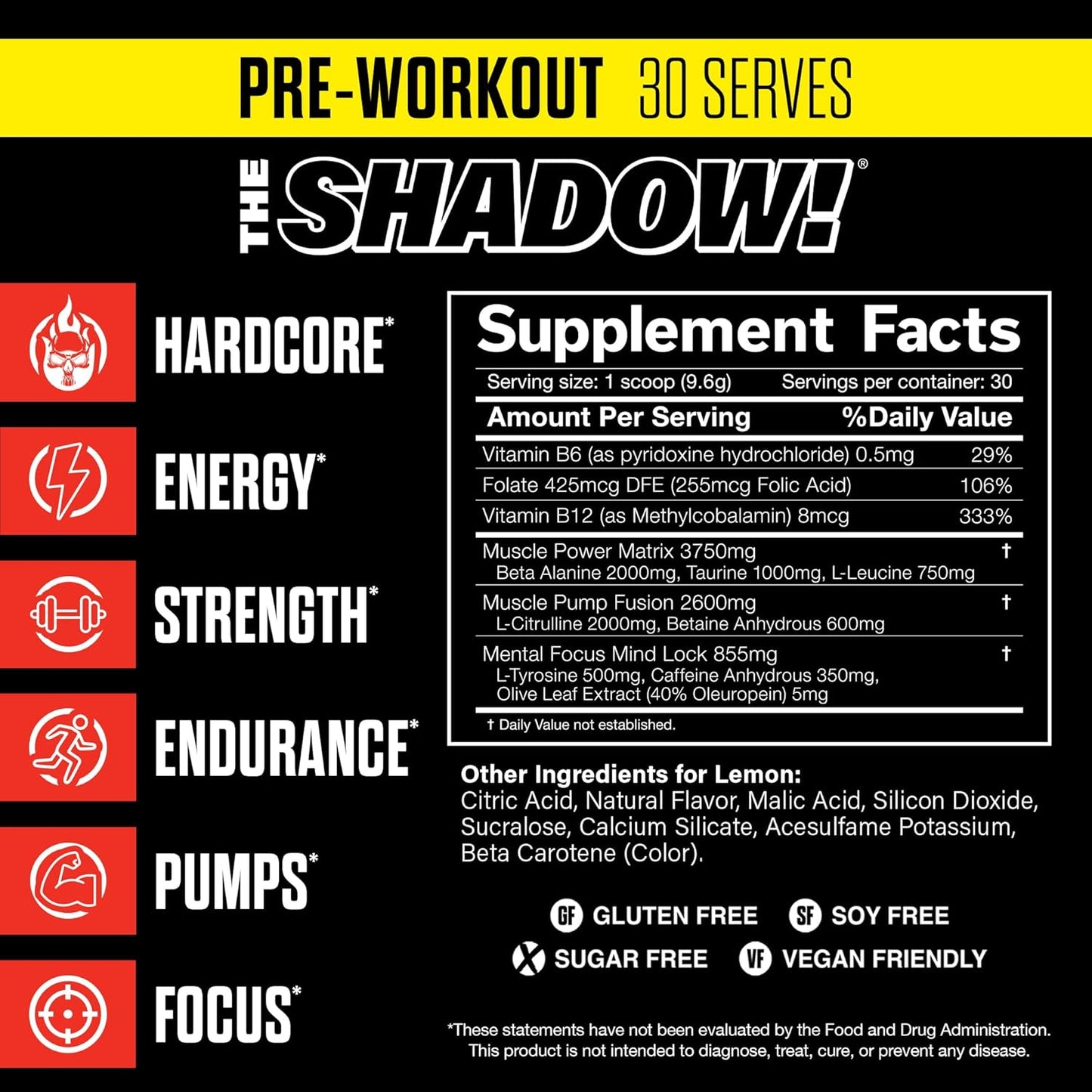 JNX SPORTS The Shadow Lemon Preworkout - 30 Servings, 350mg Caffeine for Electric Energy, Mental Focus, & Strength
