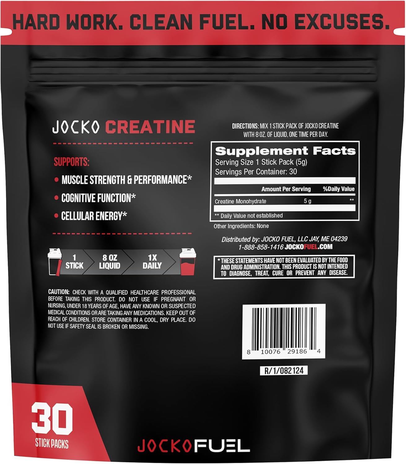 Jocko Fuel Creatine Stick Packs - Travel-Friendly Creatine Monohydrate Powder for Athletic Performance & Muscle Health - 30 Servings