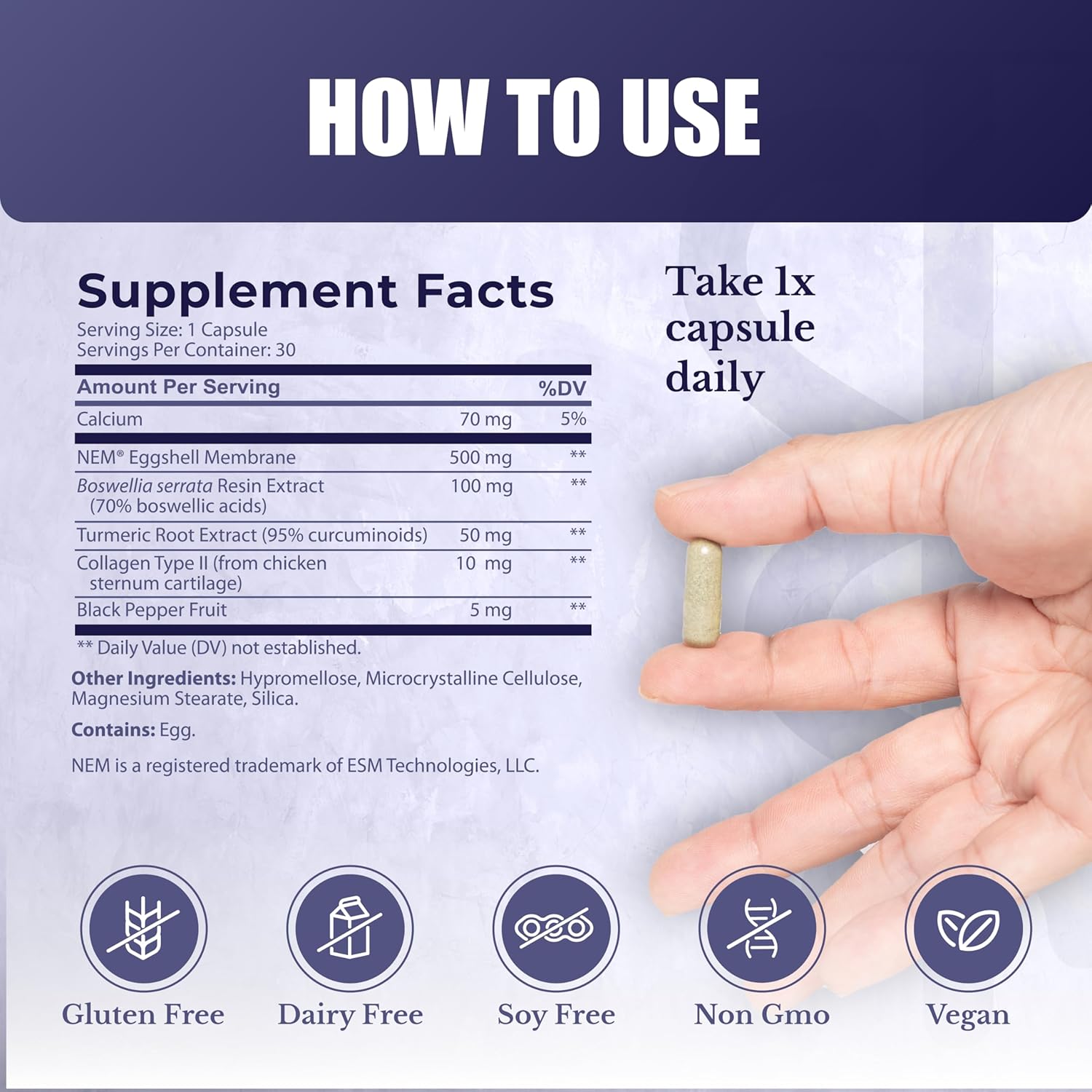 Joint & Cartilage Health Supplement with Calcium, NEM Eggshell Membrane, and Boswellia Serrata - 30 Capsules for Men & Women