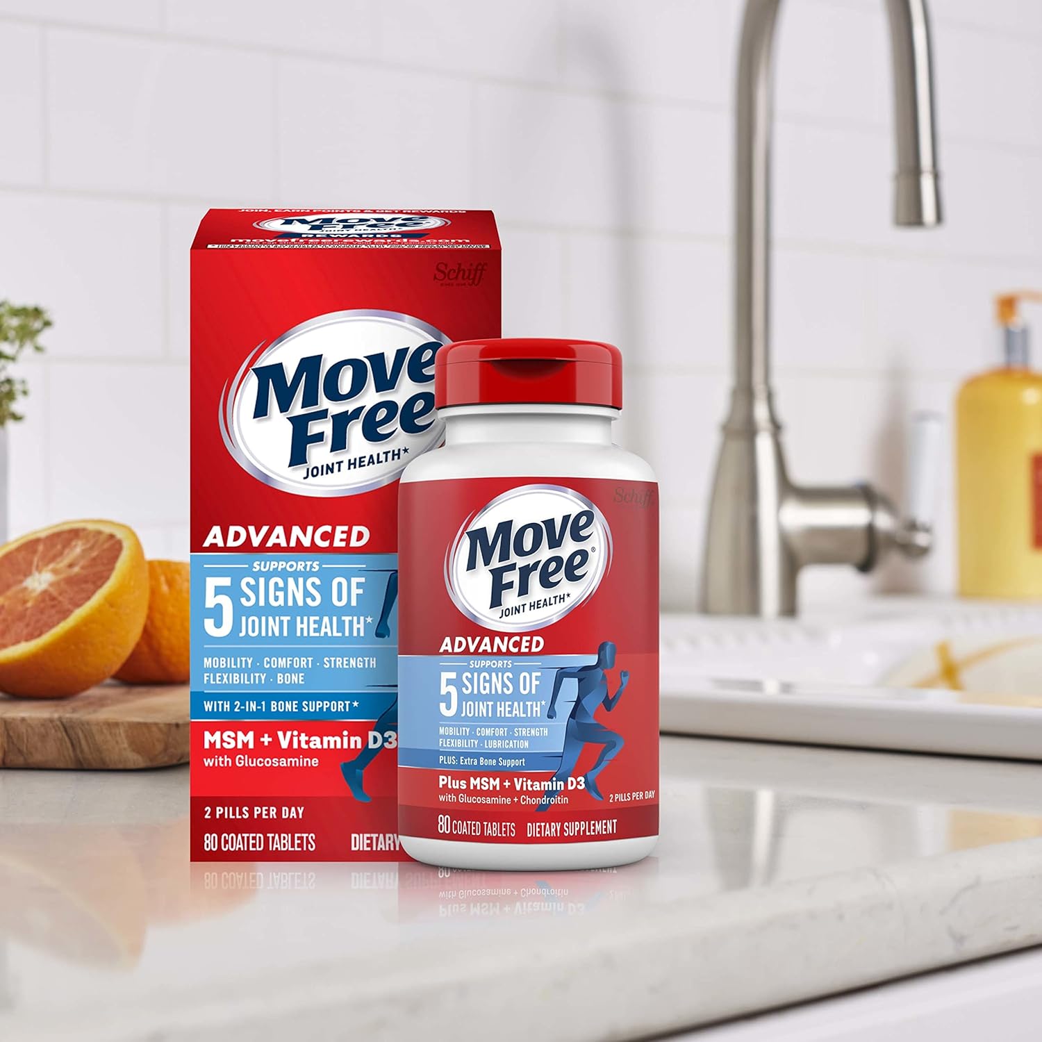 Joint Health Supplement with Glucosamine, Chondroitin, MSM & Vitamin D3 - Move Free Advanced Support Tablets for Men & Women (80ct)