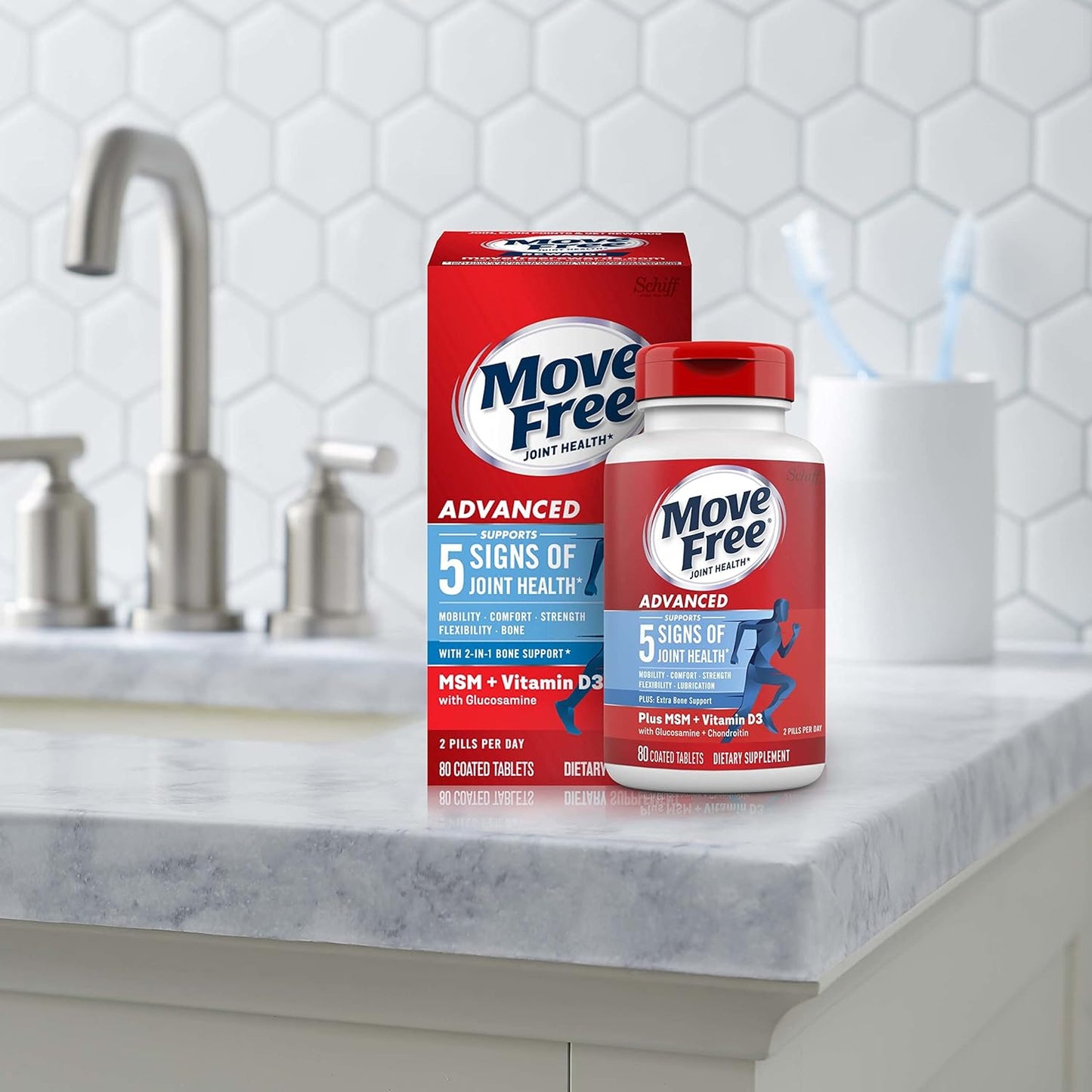 Joint Health Supplement with Glucosamine, Chondroitin, MSM & Vitamin D3 - Move Free Advanced Support Tablets for Men & Women (80ct)