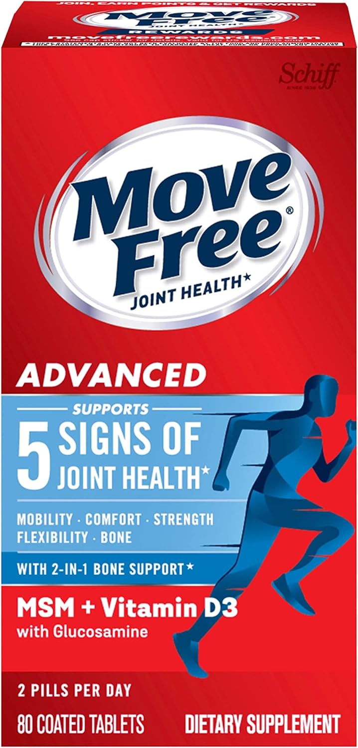 Joint Health Supplement with Glucosamine, Chondroitin, MSM & Vitamin D3 - Move Free Advanced Support Tablets for Men & Women (80ct)