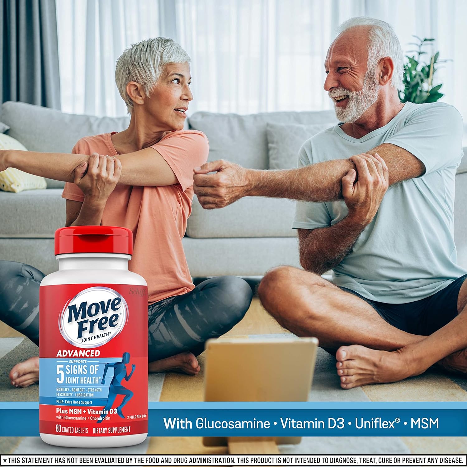 Joint Health Supplement with Glucosamine, Chondroitin, MSM & Vitamin D3 - Move Free Advanced Support Tablets for Men & Women (80ct)