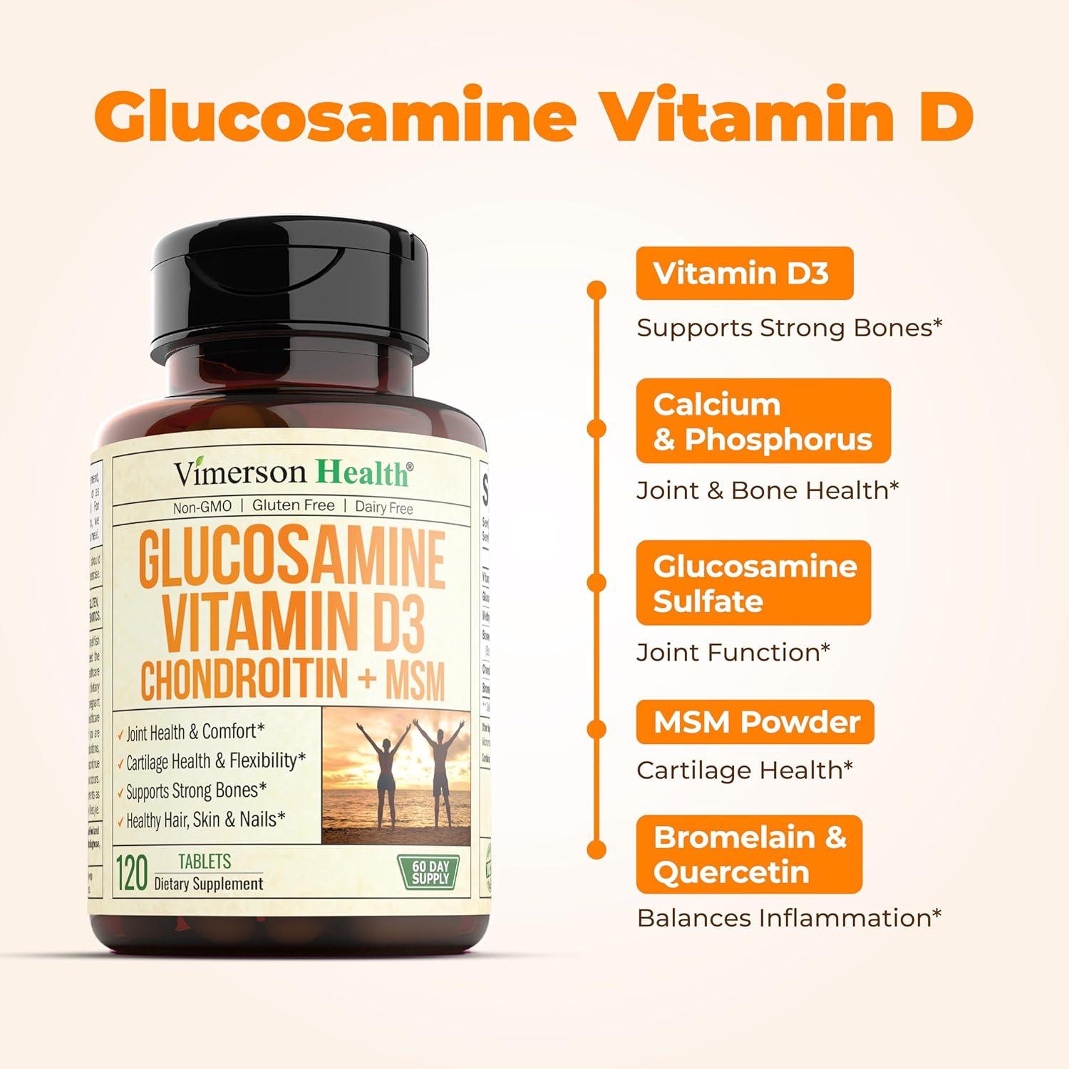 Joint Health Supplement with Glucosamine, Chondroitin, Vitamin D3, Boswellia, MSM & Bromelain - Supports Hair, Skin, Nail Health, Strong Bones, and Immune Health - 120 Tablets for Women & Men by Vimerson Health