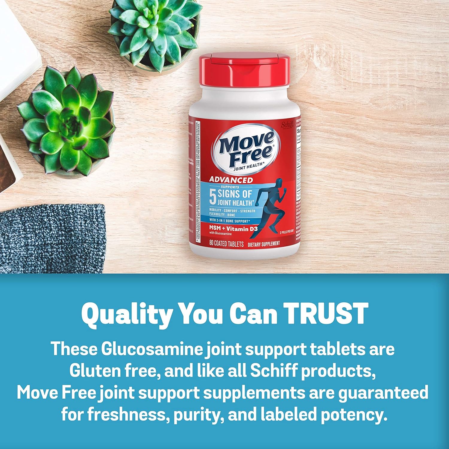 Joint Health Supplement with Glucosamine, Chondroitin, MSM & Vitamin D3 - Move Free Advanced Support Tablets for Men & Women (80ct)