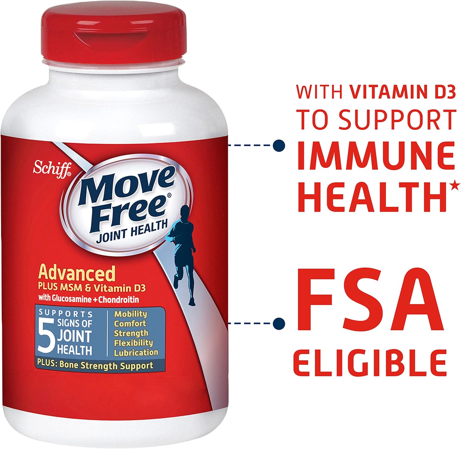 Joint Health Supplement with Glucosamine, Chondroitin, MSM & Vitamin D3 - Move Free Advanced Support Tablets for Men & Women (80ct)