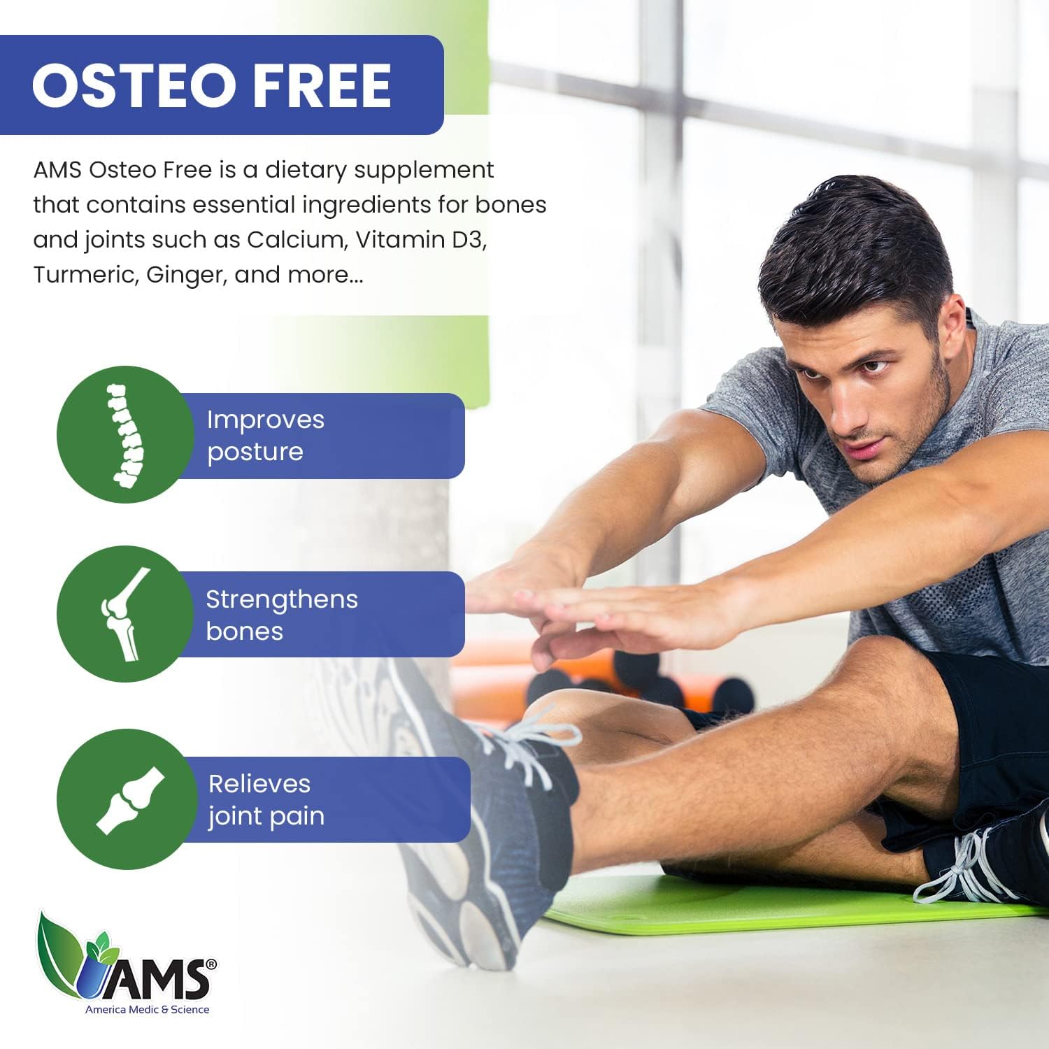 Joint Supplement for Men and Women with Turmeric, Boswellia, MSM, Vitamin D3, & Calcium - America Medic & Science Osteo Free (72 caplets)