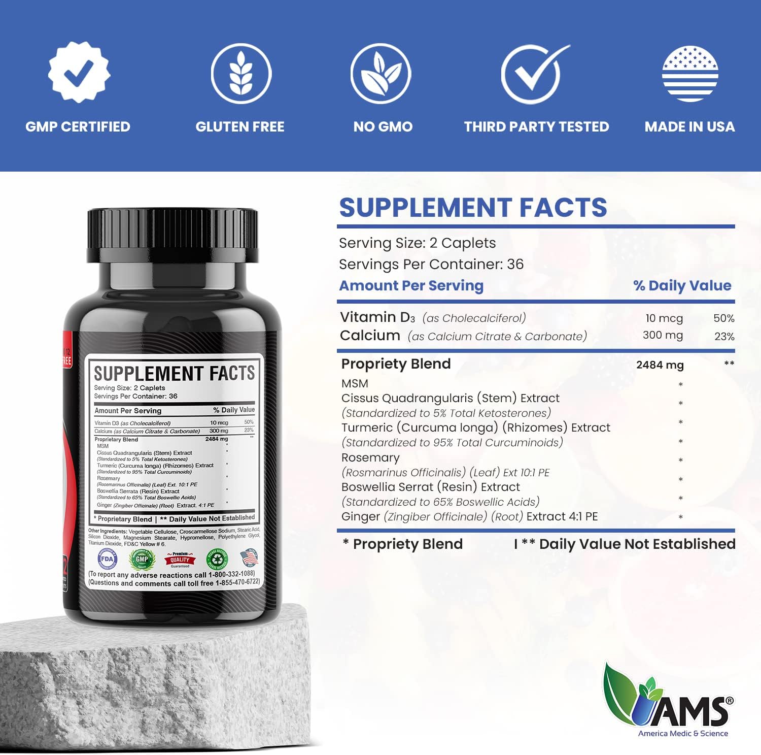 Joint Supplement for Men and Women with Turmeric, Boswellia, MSM, Vitamin D3, & Calcium - America Medic & Science Osteo Free (72 caplets)