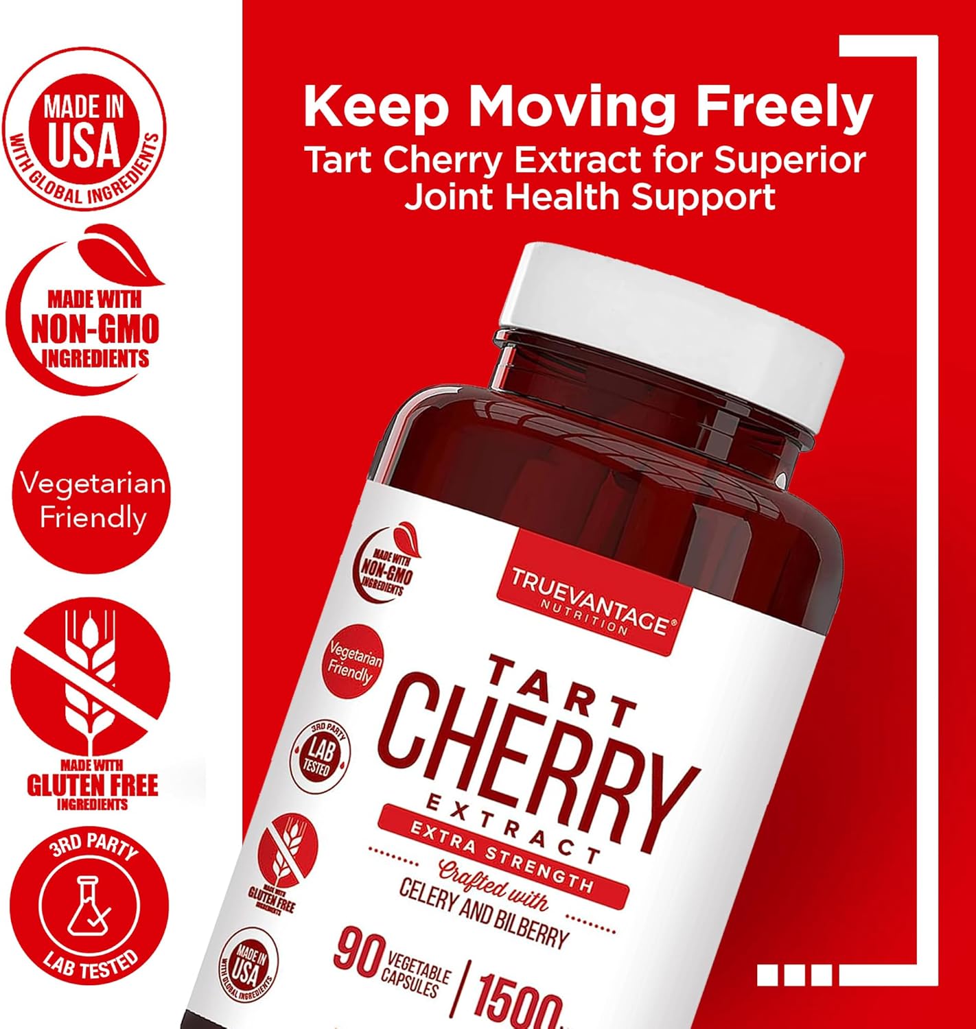 Joint Support and Muscle Recovery Capsules with Tart Cherry, Celery Seed, and Bilberry Extracts - 90 Count - Made in USA