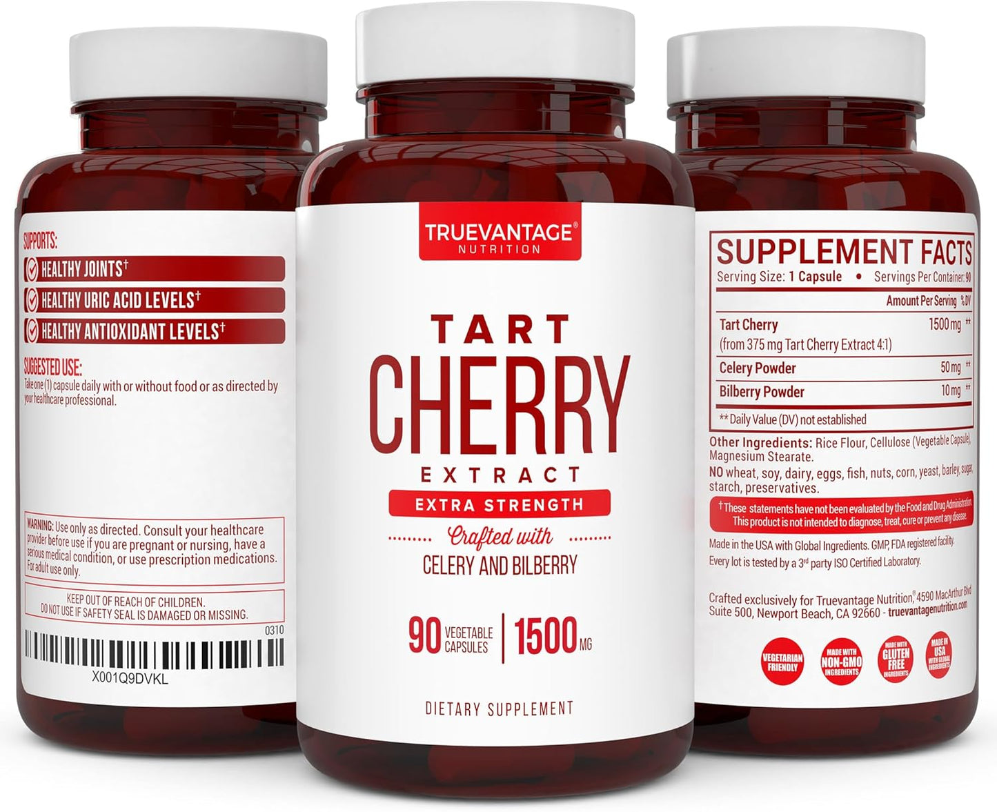 Joint Support and Muscle Recovery Capsules with Tart Cherry, Celery Seed, and Bilberry Extracts - 90 Count - Made in USA