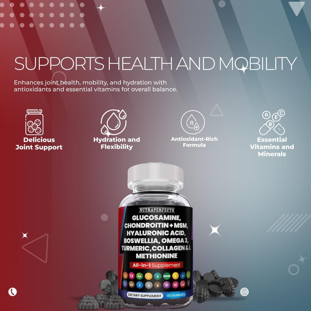 Joint Support Gummies with Glucosamine, Chondroitin, and MSM, Enhanced with Omega 3, Turmeric, Collagen, and More