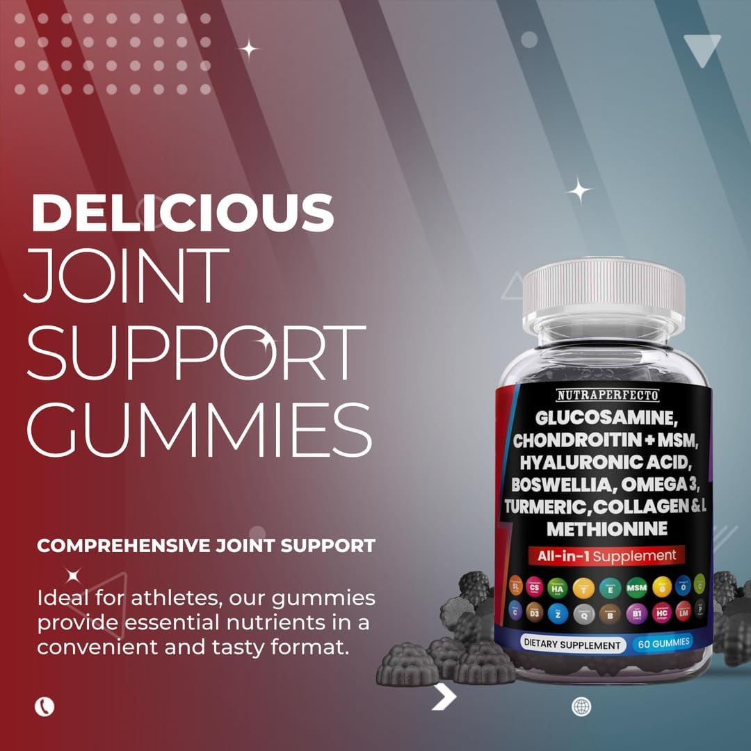Joint Support Gummies with Glucosamine, Chondroitin, and MSM, Enhanced with Omega 3, Turmeric, Collagen, and More