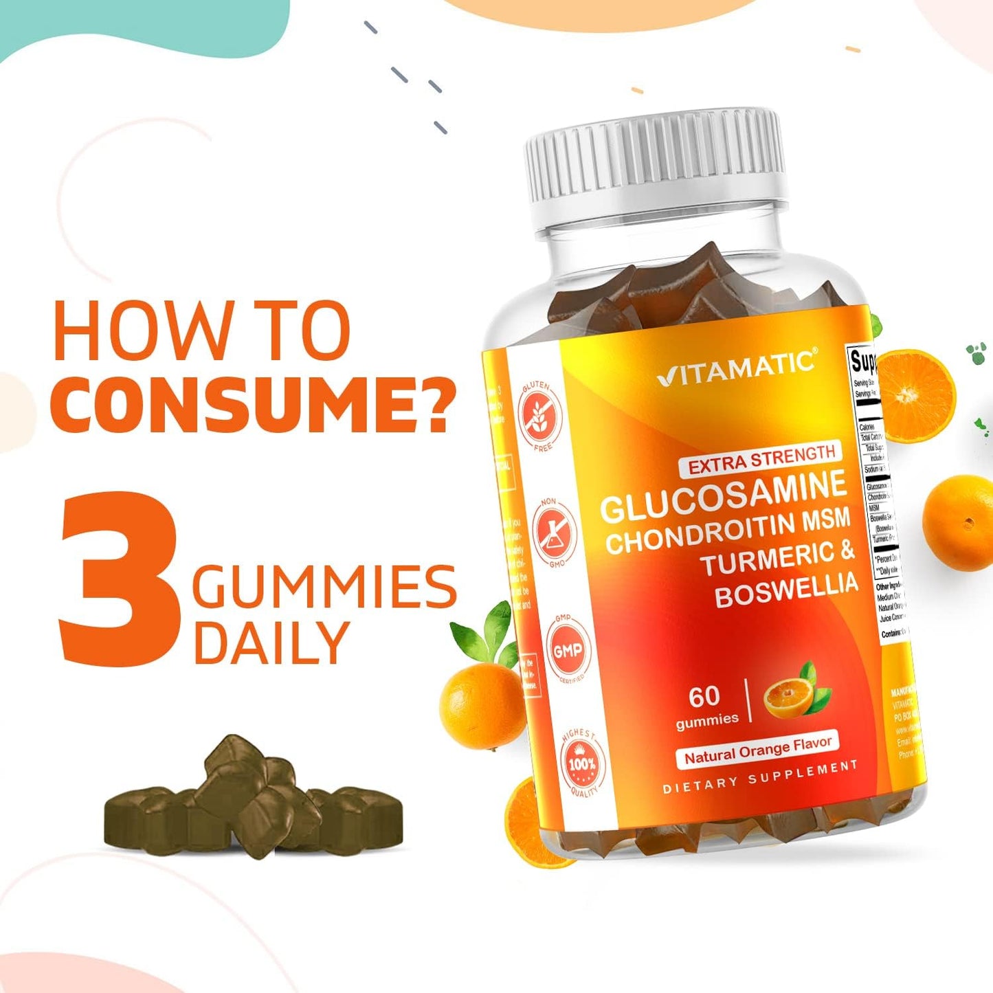 Joint Support Gummies with Glucosamine, Chondroitin, MSM, Turmeric, and Boswellia - 60 Pectin Based Gummies