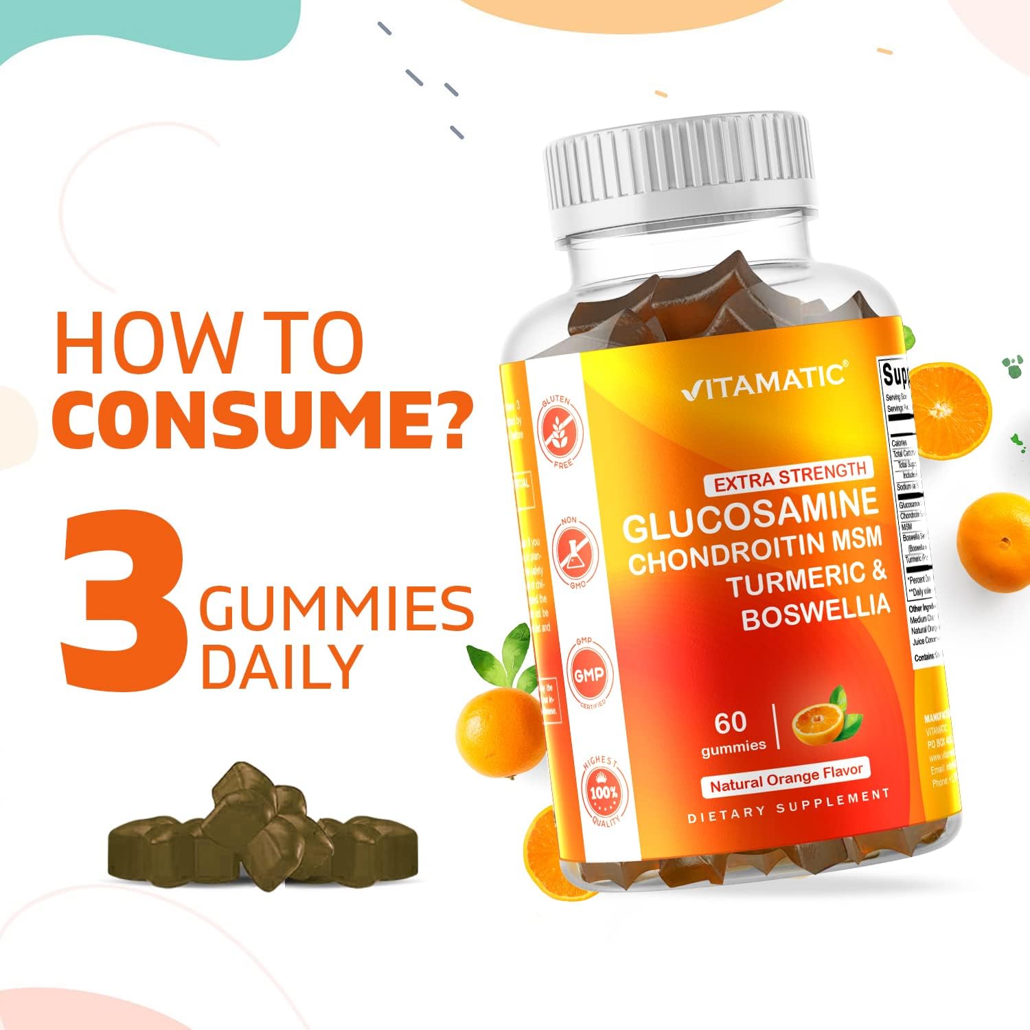Joint Support Gummies with Glucosamine, Chondroitin, MSM, Turmeric, and Boswellia - 60 Pectin Based Gummies