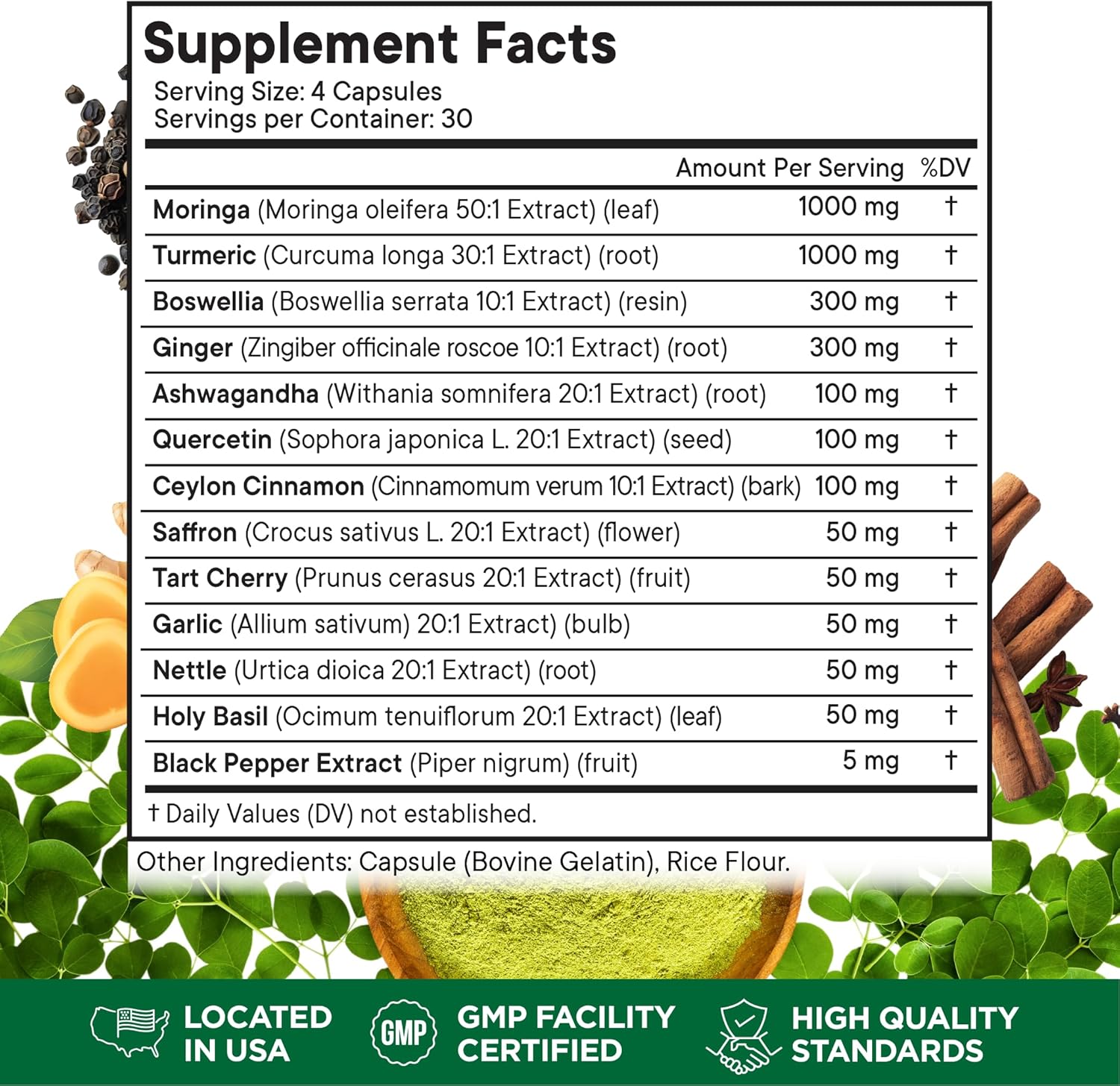 Joint Support Superfood Supplement with Turmeric, Moringa, Ginger, Boswellia, and Saffron - Women and Men - 120 Capsules