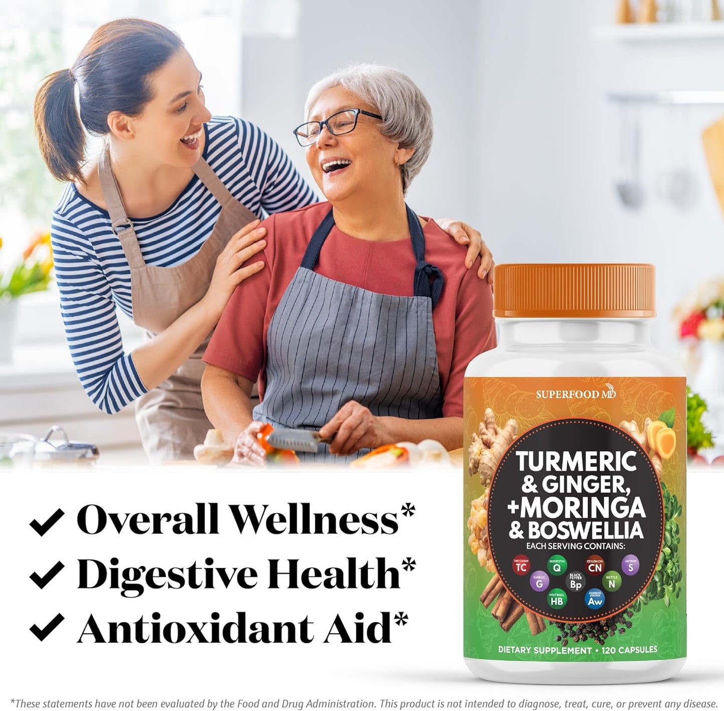 Joint Support Superfood Supplement with Turmeric, Moringa, Ginger, Boswellia, and Saffron - Women and Men - 120 Capsules