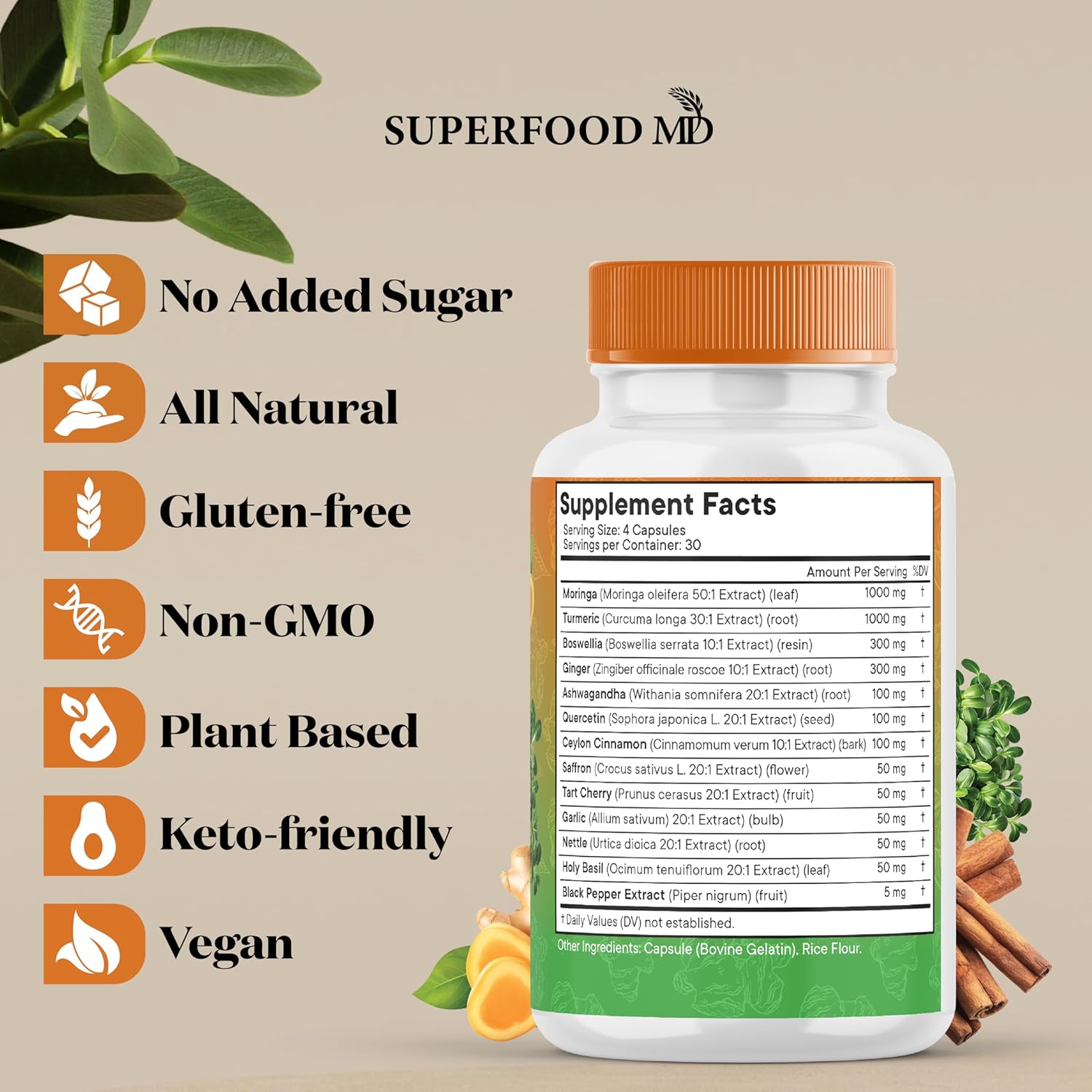 Joint Support Superfood Supplement with Turmeric, Moringa, Ginger, Boswellia, and Saffron - Women and Men - 120 Capsules