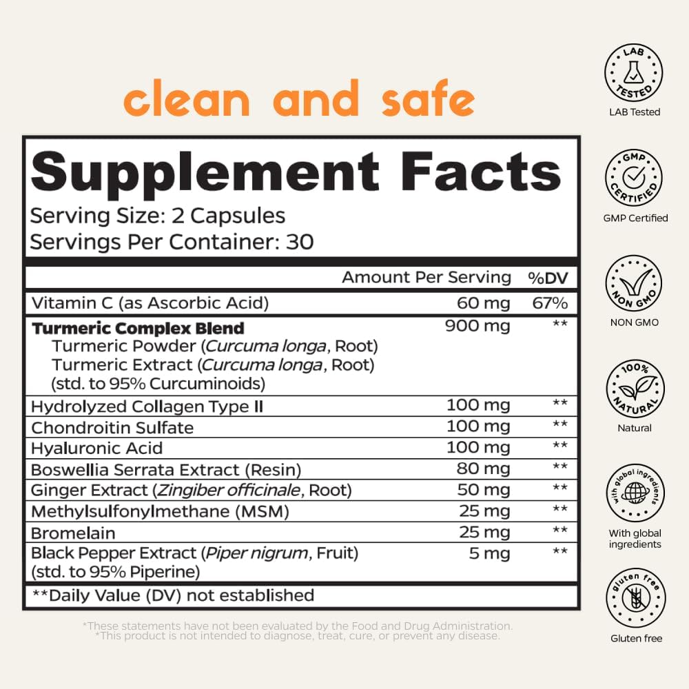 Joint Support Supplement with Chondroitin, Boswellia, MSM, Turmeric, and Collagen for Mobility, Comfort, and Repair - 60 Capsules