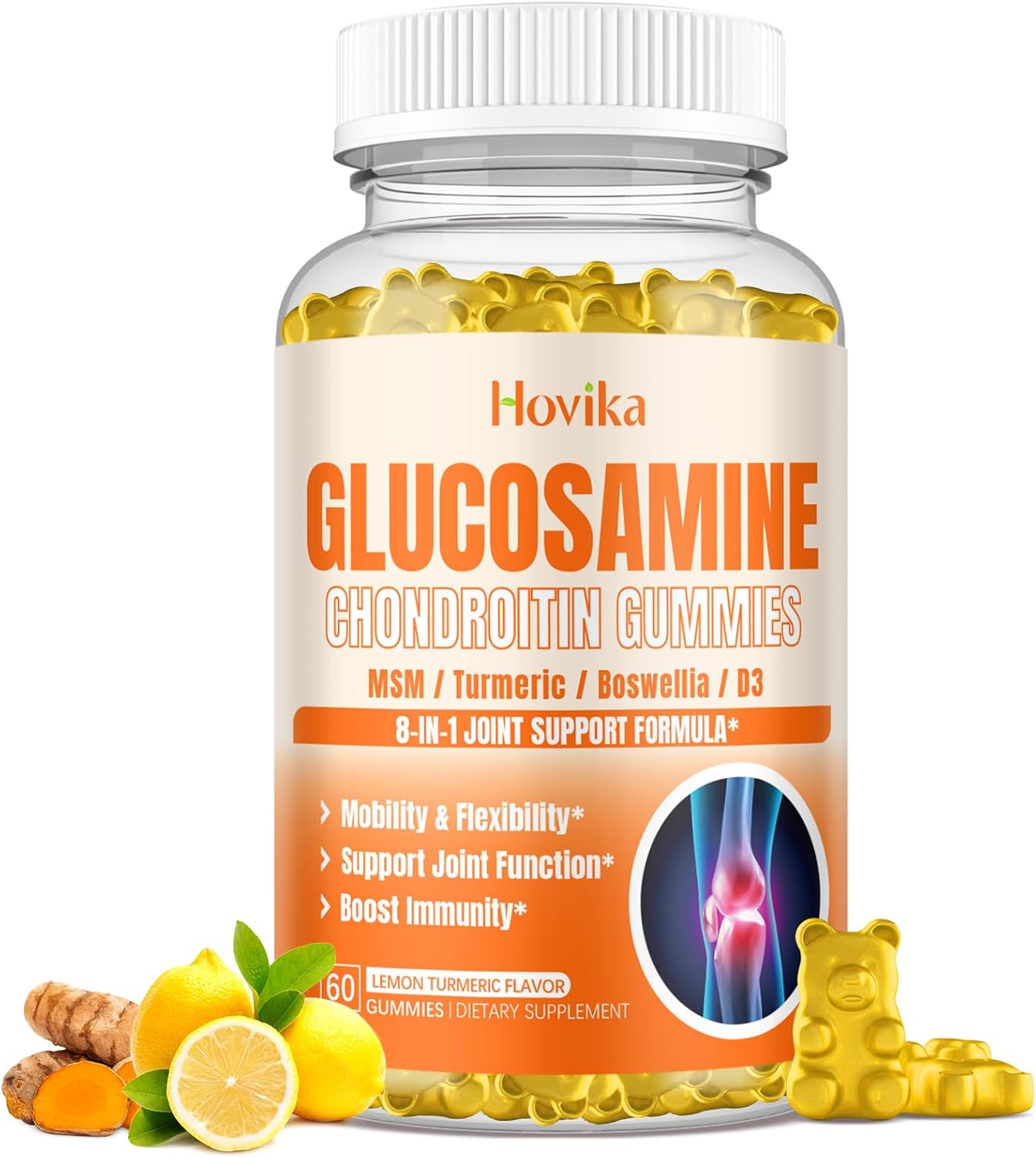 Joint Support Supplement with Glucosamine, Chondroitin, MSM, Turmeric, Vitamin D3, Hyaluronic Acid - Antioxidant & Immune Support Gummies for Adults - 60 Vegan Gummies