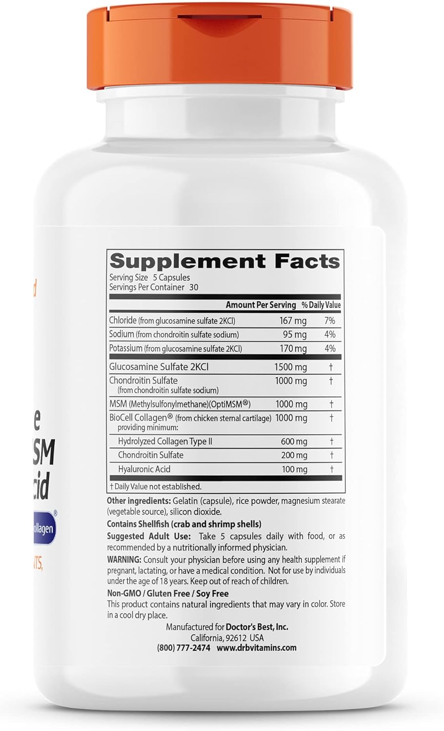 Joint Support Supplement with Glucosamine, Chondroitin, MSM, Hyaluronic Acid, and Biocell Collagen, 150 Capsules, Non-GMO, Gluten, and Soy Free