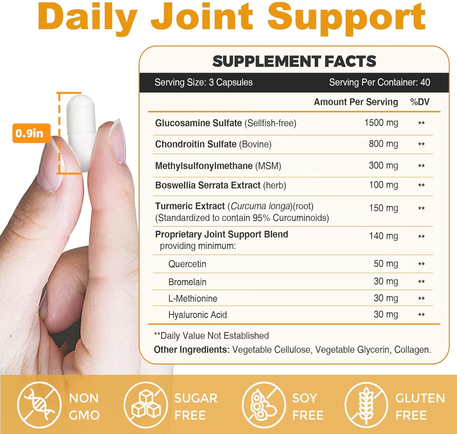 Joint Support Supplement with Glucosamine, Chondroitin, MSM, Turmeric & Boswellia - 120 Capsules for Joint Health & Relief