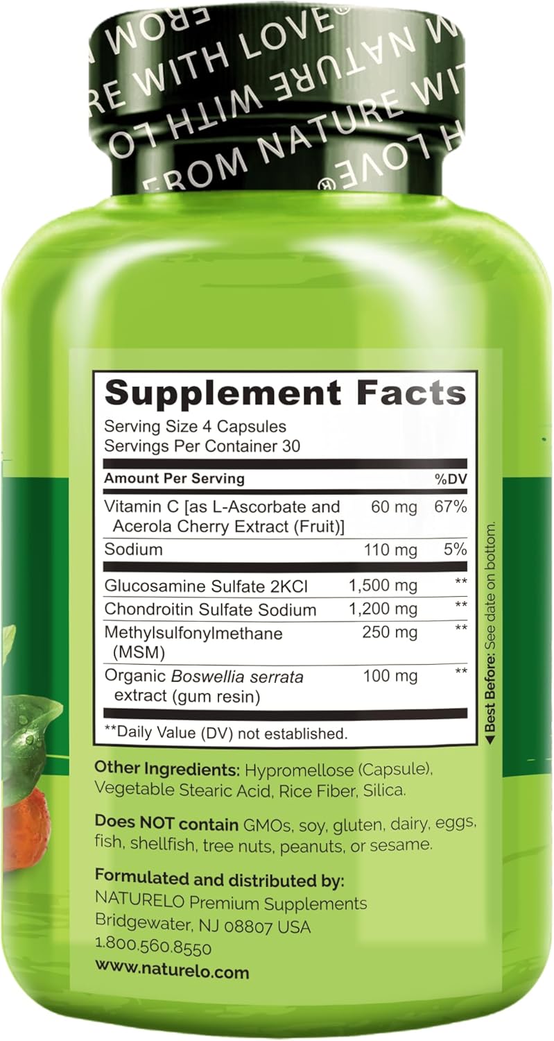 Joint Support Supplement with Glucosamine, Chondroitin, MSM, Boswellia, and Vitamin C - 120 Capsules by NATURELO