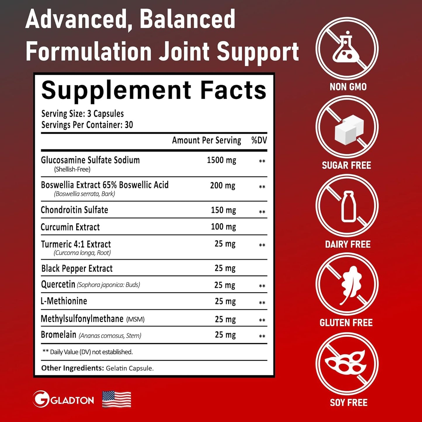 Joint Support Supplement with Glucosamine, Chondroitin, MSM, Curcumin, Turmeric, and Boswellia - 90 Capsules for Bone, Back, Knee, and Hand Flexibility & Mobility - Joint Health for Women & Men